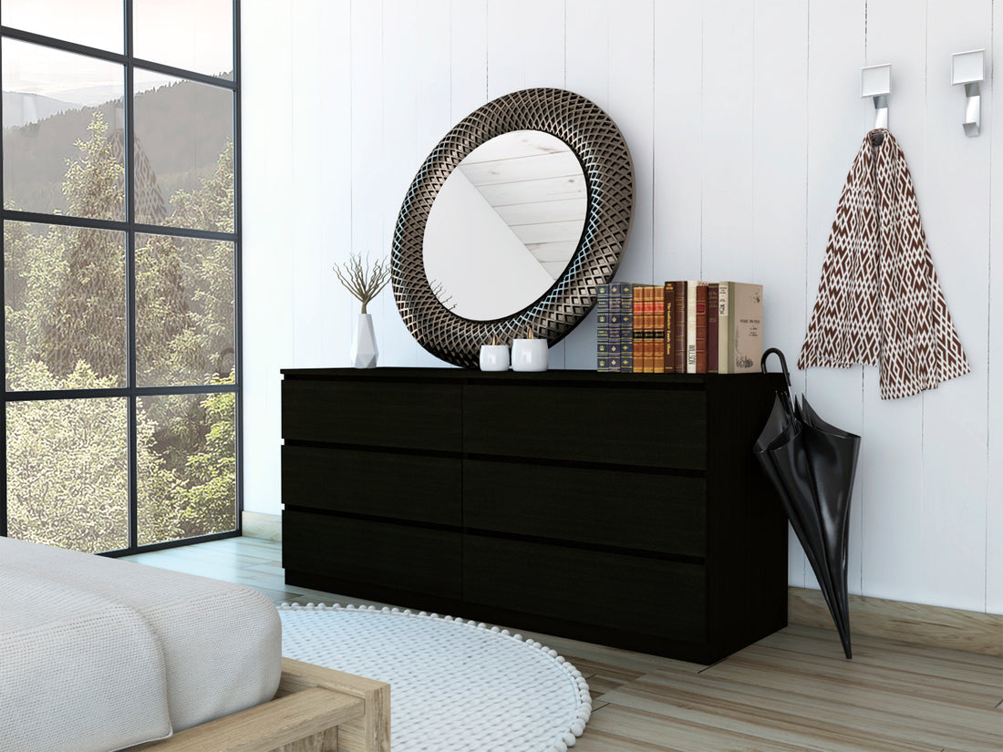 Asteria 6 Drawer Double Dresser, Metal Handles Black Black Bedroom Modern Particle Board Particle Board