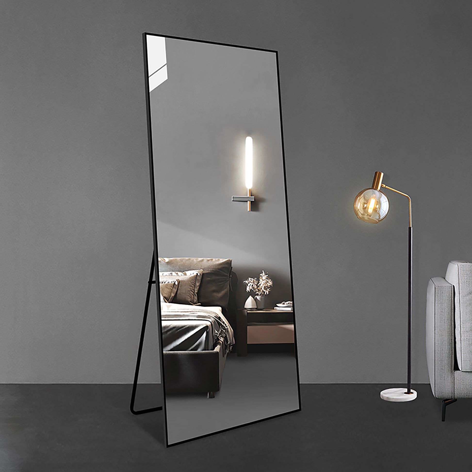 65*24 Inch Floor Mirror Full Length Mirror Ultra Thin Aluminum Alloy Frame Modern Style Standing Hanging Mirror Wall Mounted Mirror Black Modern Glass Metal