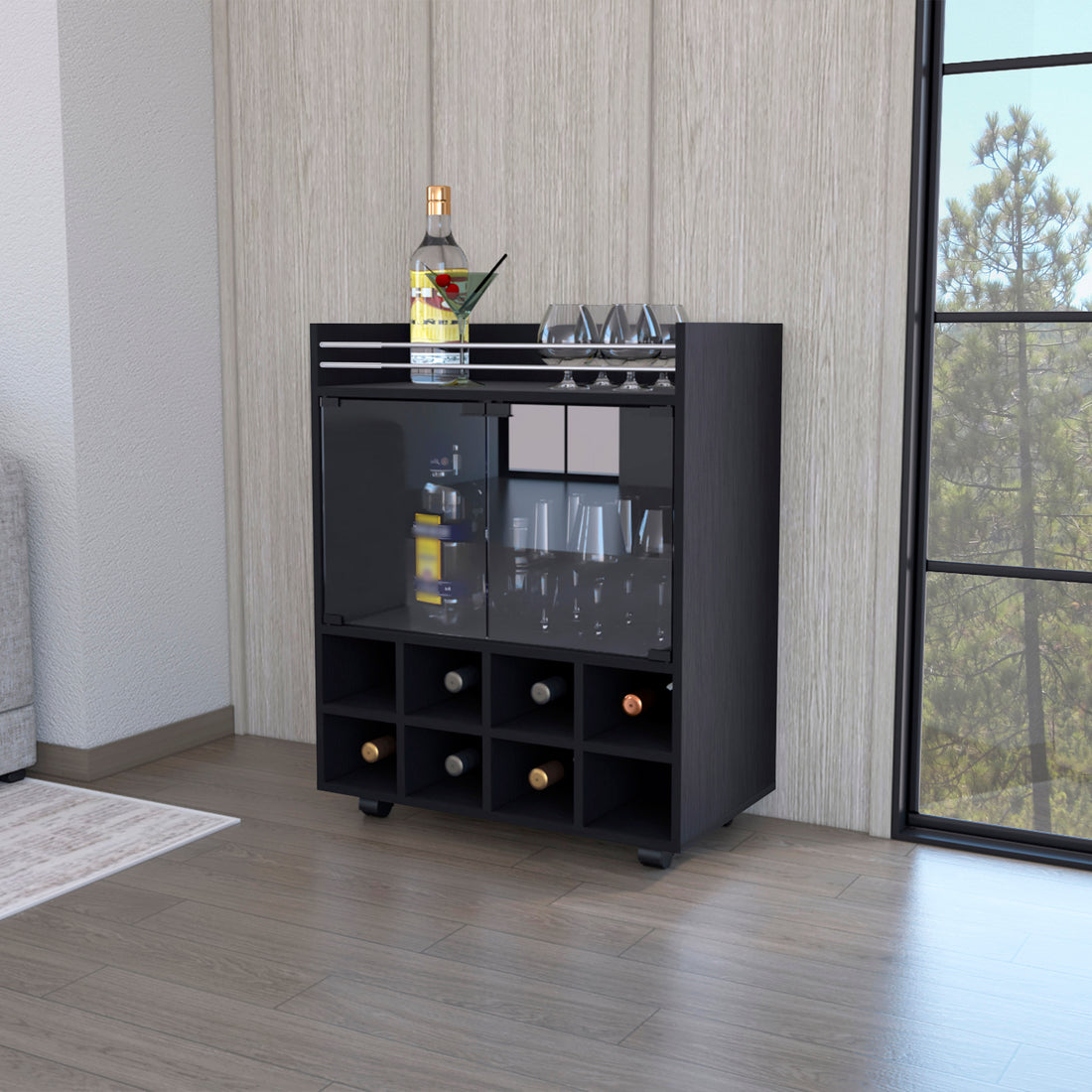 Minneapolis Bar Cart With Integrated 8 Bottle Rack, Glass Encased Cabinet And Aluminum Bar Top Freestanding 5 Or More Spaces Black Primary Living Space Open Storage Space Modern Pine Particle Board Engineered Wood