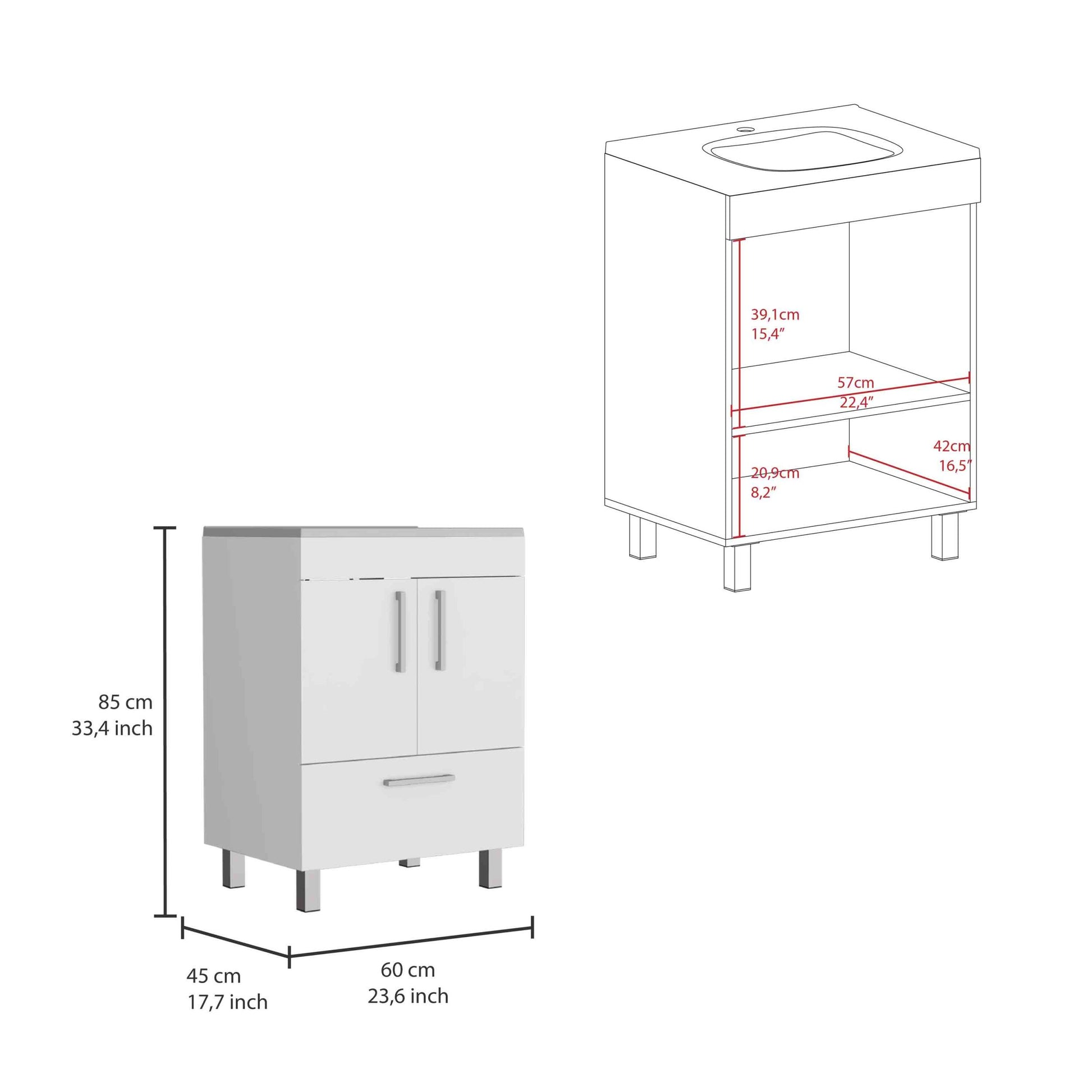 Velloc Single Bathroom Vanity, Double Door Cabinet, One Drawer White White Bathroom Modern Particle Board Particle Board