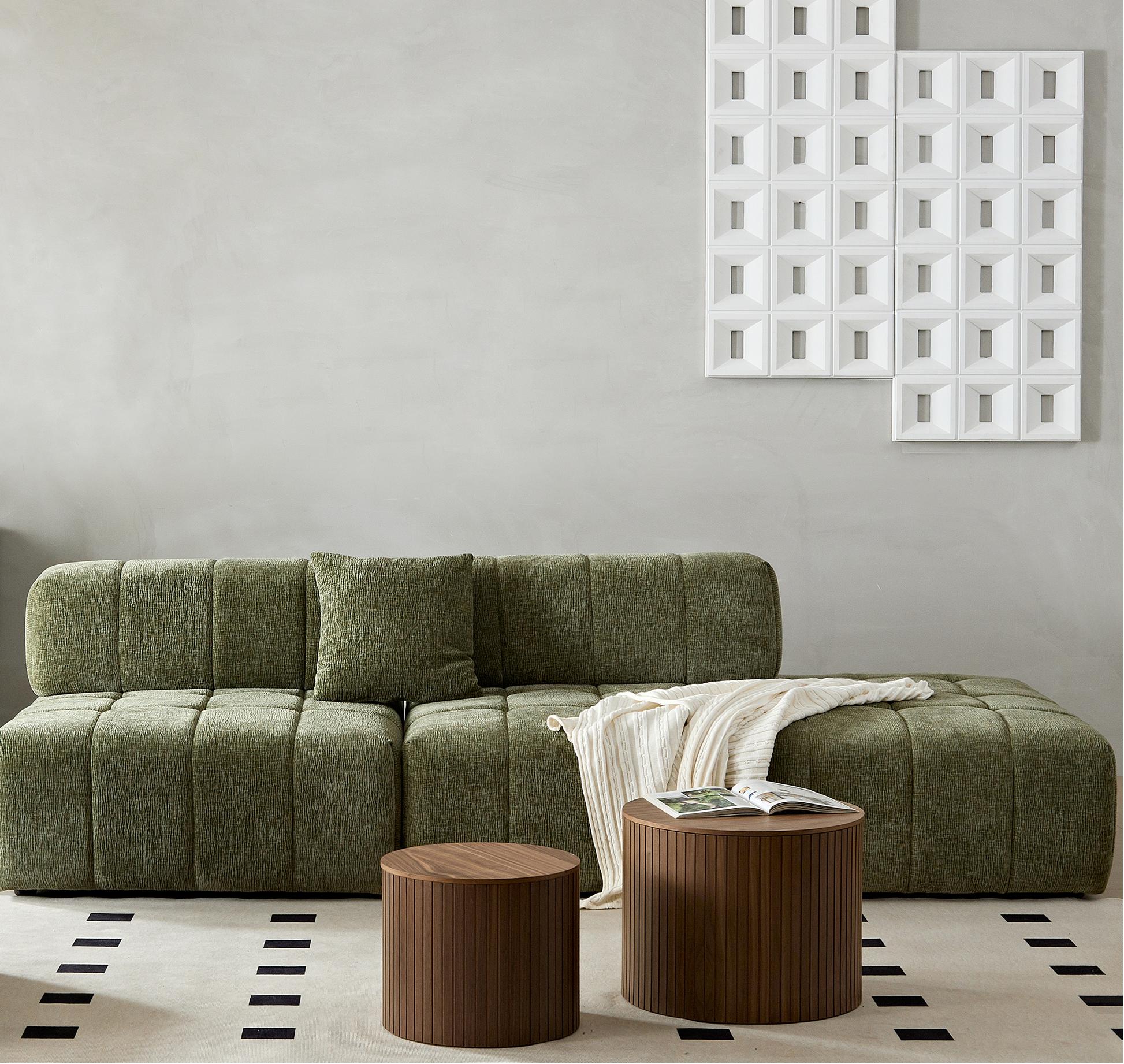 Wks3 Piano Key Combination Sofa, 2 Single Seats Plus 1 Luxury Cloth Sofa, Green Green Fabric 4 Seat