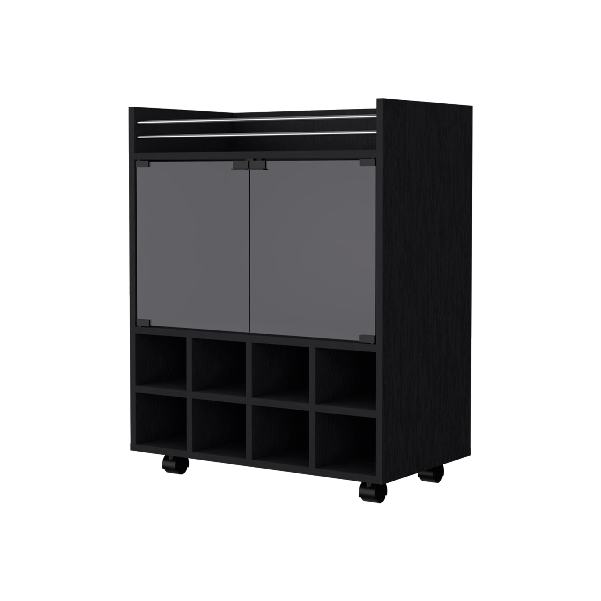 Minneapolis Bar Cart With Integrated 8 Bottle Rack, Glass Encased Cabinet And Aluminum Bar Top Black Primary Living Space Modern Pine Particle Board Engineered Wood