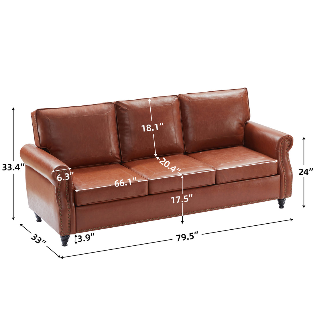 79'' Traditional Faux Leather Sofa, 3 Seater Couch With Trim And Rolled Arms, Classic Couches For Living Room, Bedroom, Apartment, Easy Assembly, Reddish Brown Light Brown Wood Primary Living Space Heavy Duty Acacia 3 Seat Brown Tan Faux Leather Soft