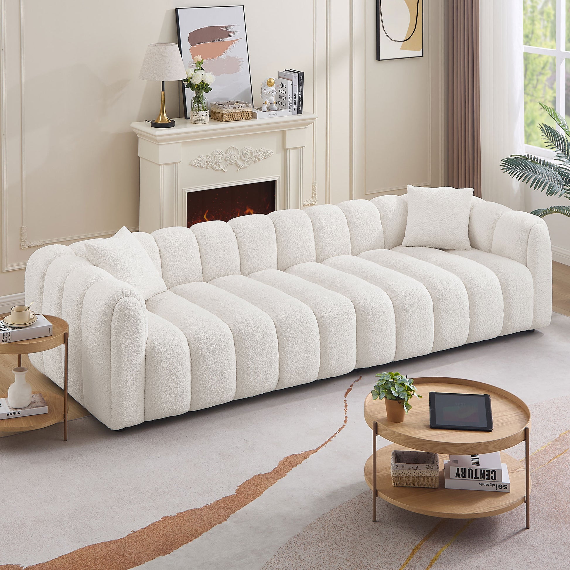 110.23 Inch Oversized Modern Design Sofa,Upholstery Tufted Cloud 41.33''Oversized Deep Seat Sofa,Teddy Fabric Boucle 4 Seats Couch With Solid Wood For Living Room, Office, Bedroom,Apartment Beige Wood Fabric 4 Seat