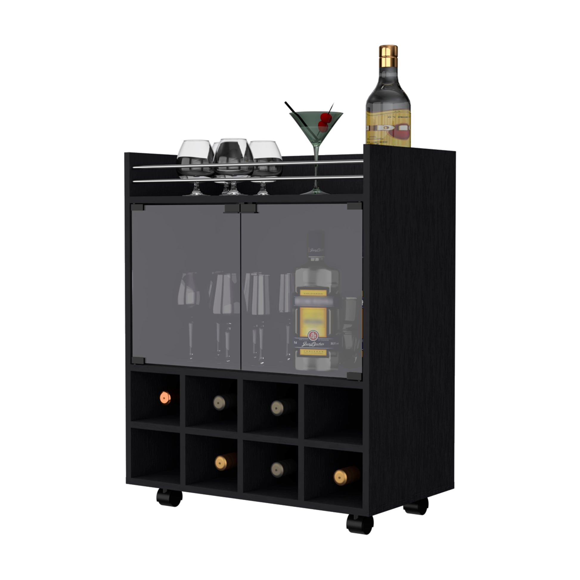 Minneapolis Bar Cart With Integrated 8 Bottle Rack, Glass Encased Cabinet And Aluminum Bar Top Black Primary Living Space Modern Pine Particle Board Engineered Wood