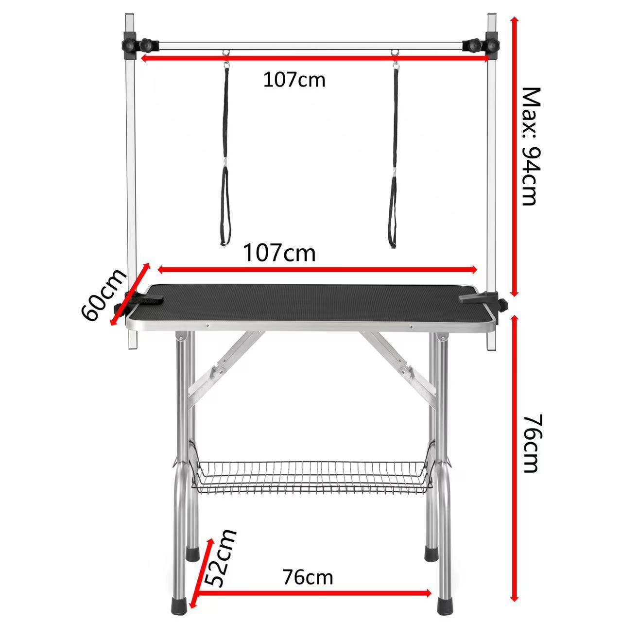 High Quality Folding Pet Grooming Table Stainless Legs And Arms Black Rubber Top Storage Basket Black Wood Stainless Steel