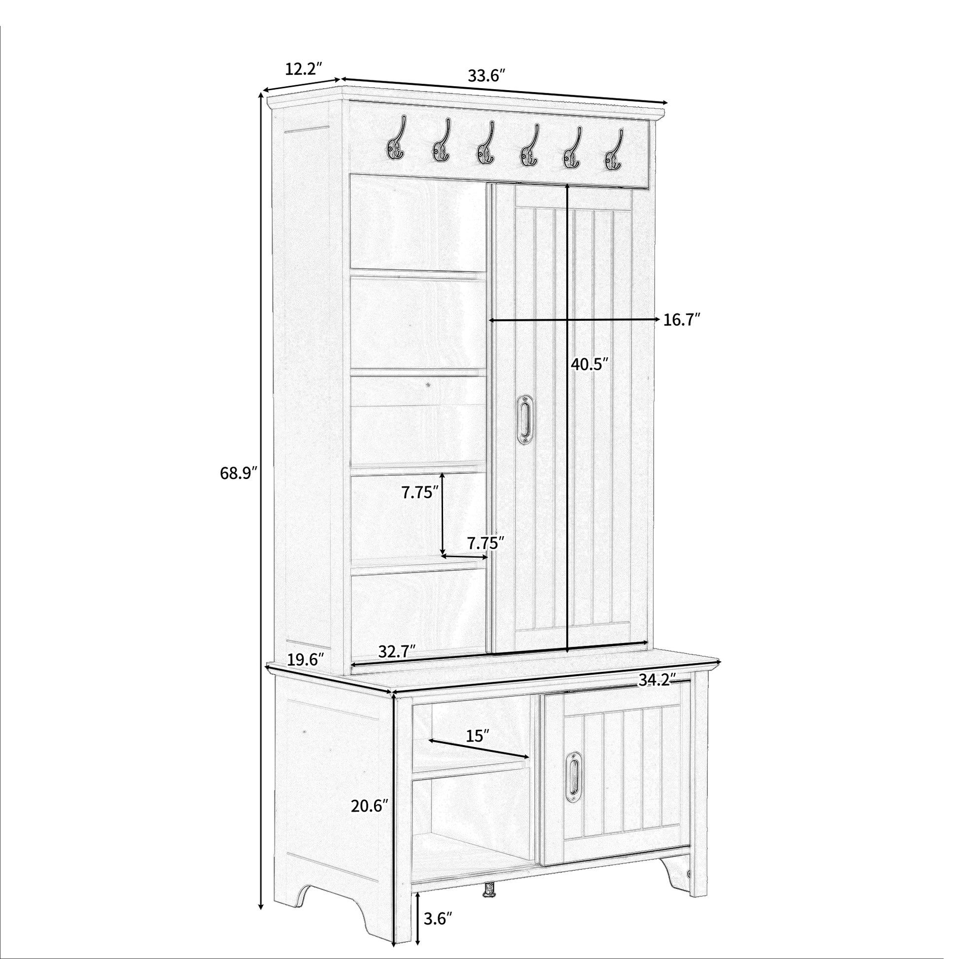 Multifunctional Hall Tree With Sliding Doors, Wooden Hallway Shoe Cabinet With Storage Bench And Shelves, Mudroom Coat Storage With Hanging Hooks For Entryways, Black Black Mdf