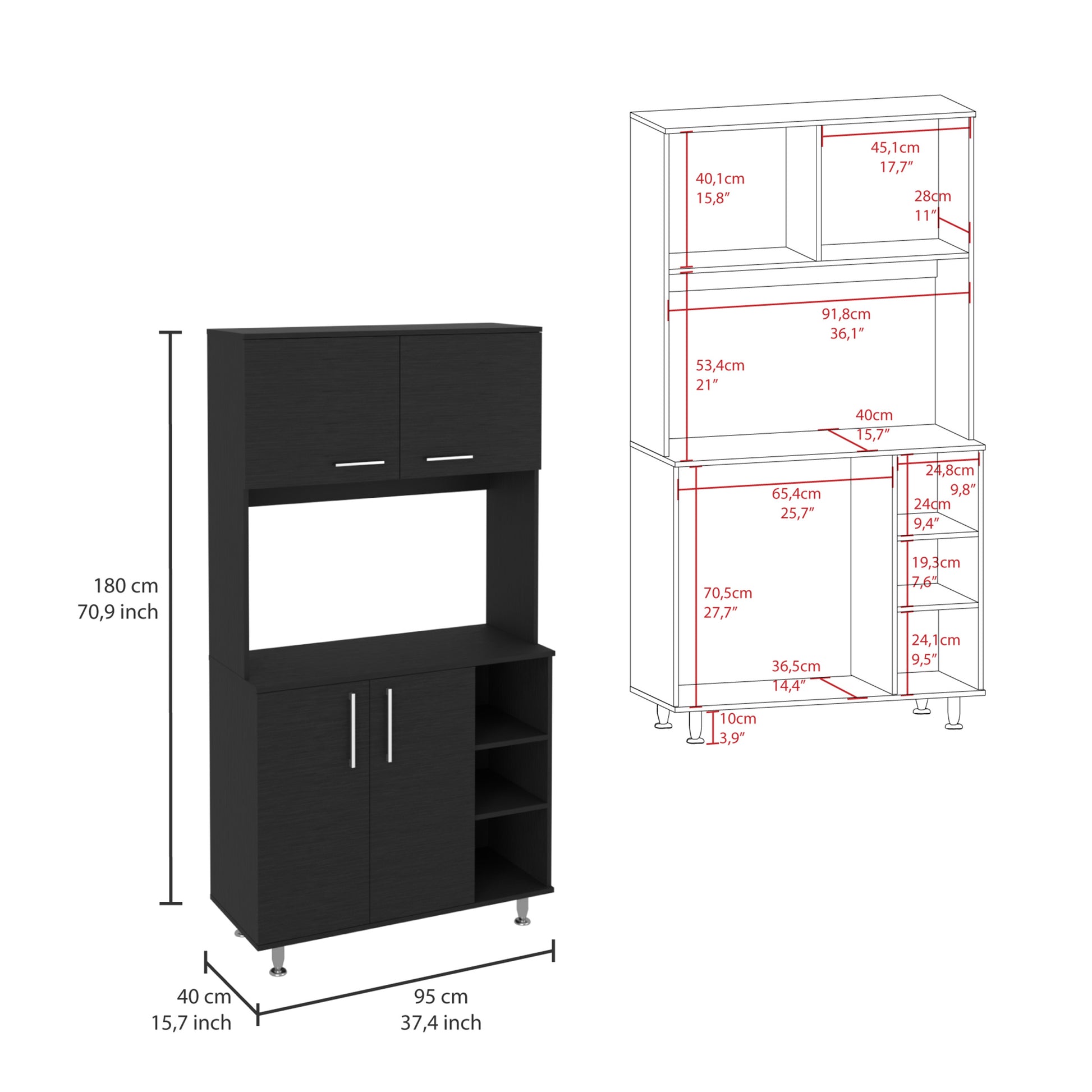 95 Pantry Kit, Four Legs, Double Door Cabinet, Three Shelves Black Freestanding Black Kitchen Shelves Included Modern Particle Board Particle Board