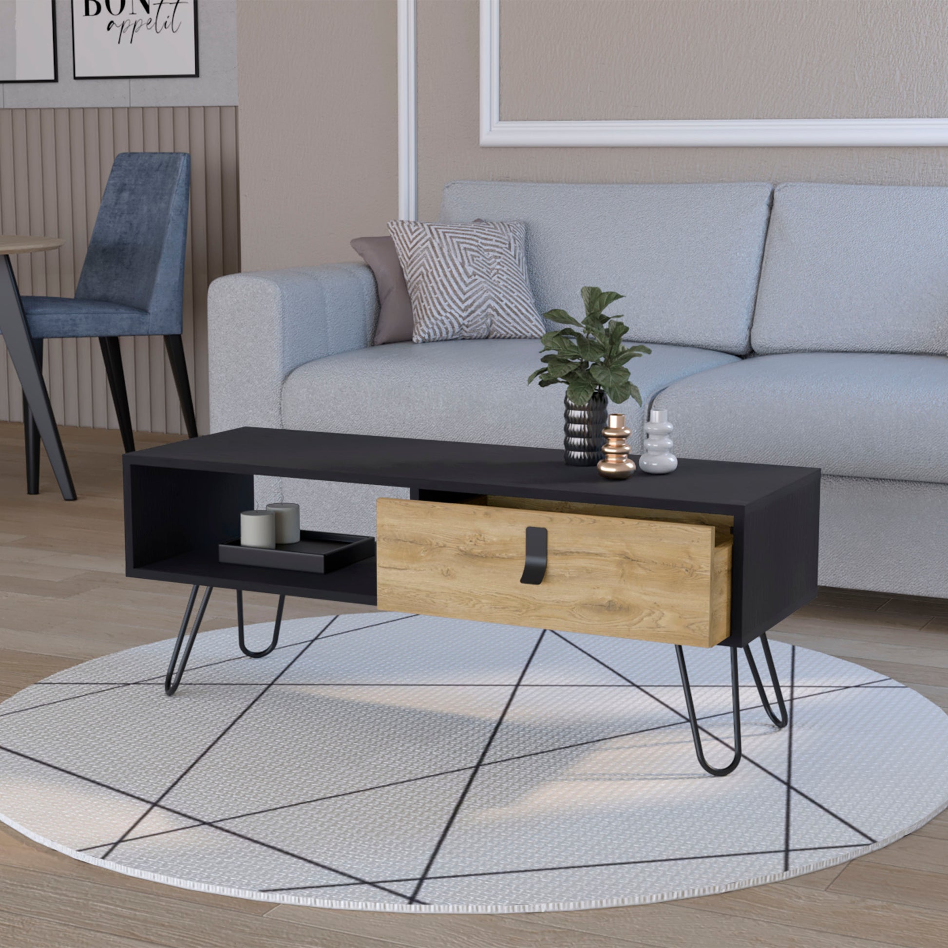 Kimball Coffee Table With Drawer And Hairpin Legs Multicolor Lockable Drawer Or Cabinet Primary Living Space Freestanding Pine Rectangular Coffee & End Tables Rectangular Particle Board Engineered Wood