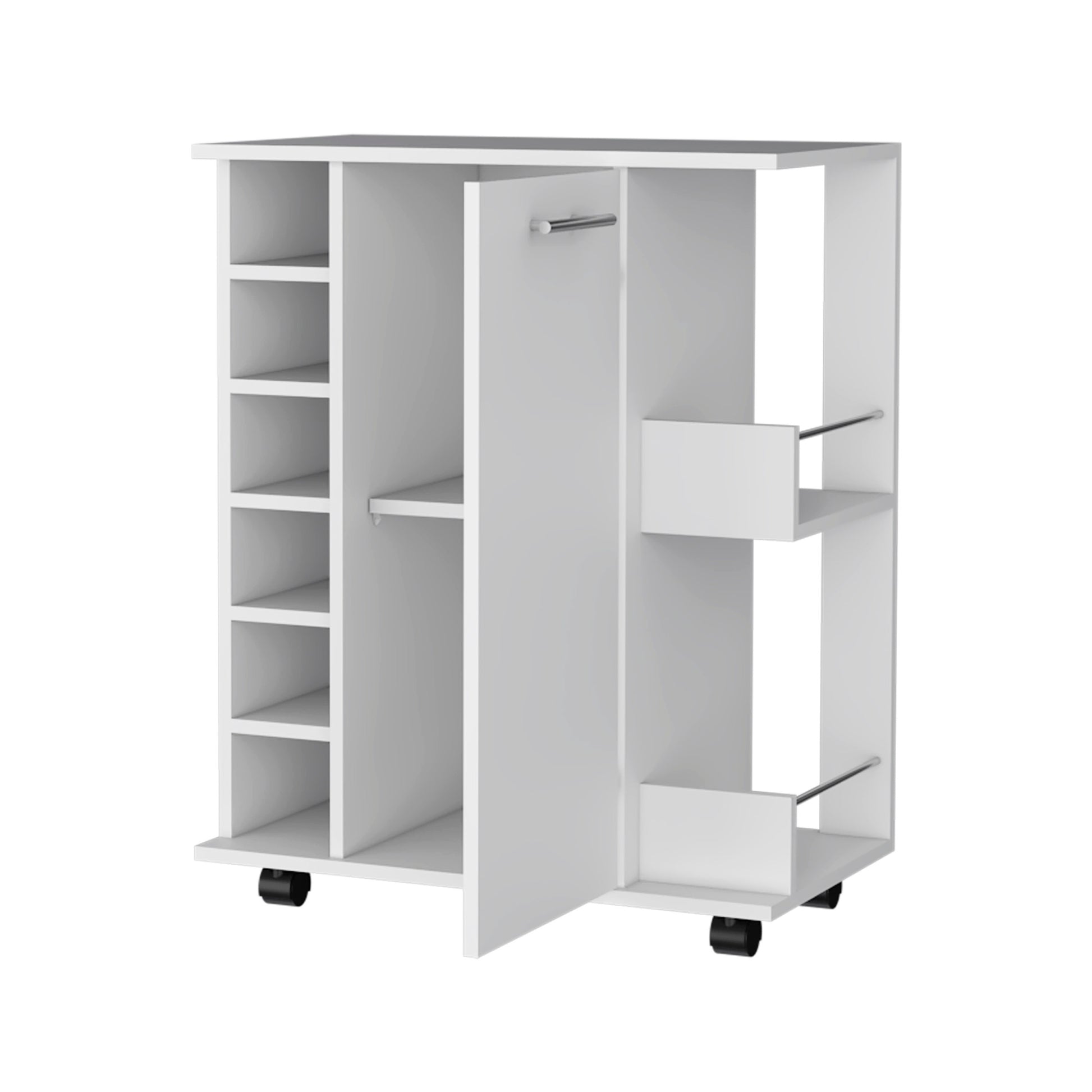 Newport Bar Cart With Casters, 6 Built In Rack And 2 Open Shelves Mobile Carts 5 Or More Shelves White White Primary Living Space Open Storage Space Modern Pine Particle Board Engineered Wood