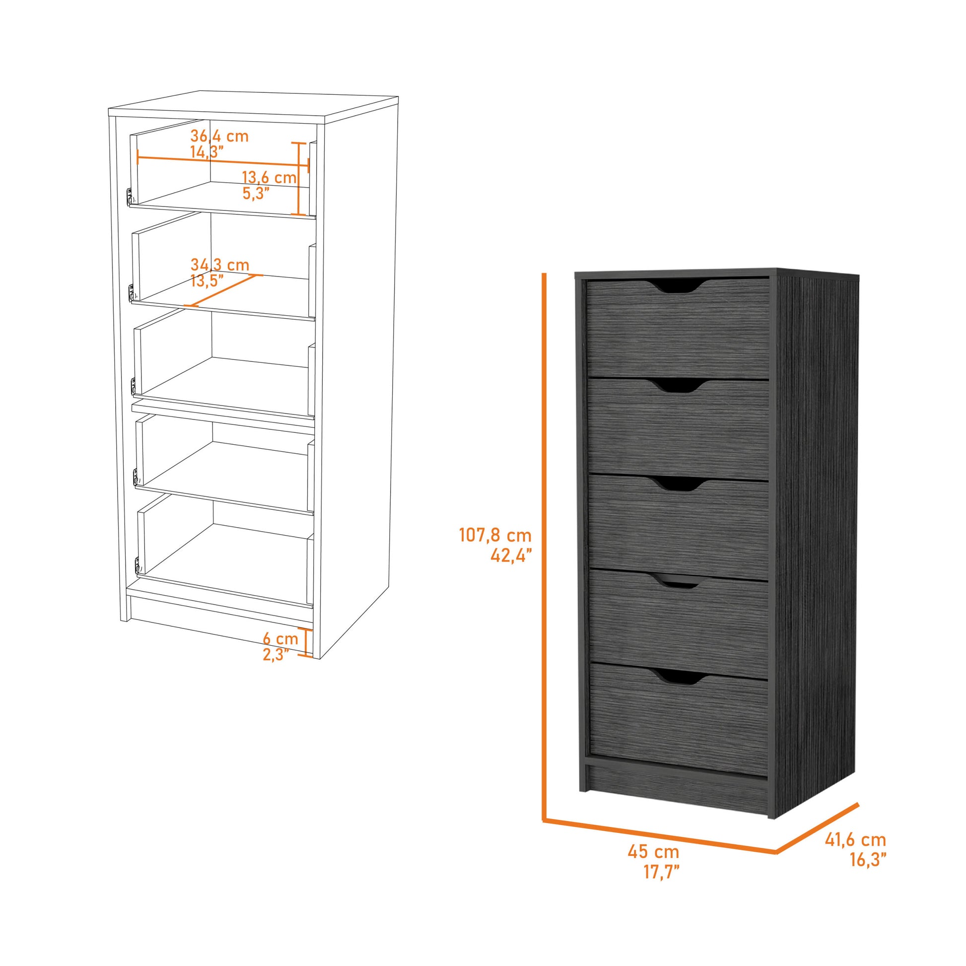 Dillon 5 Narrow Drawer Dresser, Tall Chest Of Drawers Smoke Bedroom Modern Pine Particle Board Engineered Wood