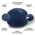 Faux Fur Bean Bag Chair, Navy 5Ft Cozy And Stretchable Fabric Lounger For Children And Adults With Easy Clean Cover, Comfortable Faux Fur Seating For Bedrooms, Filled With Shredded And Memory Foam. Navy Faux Fur