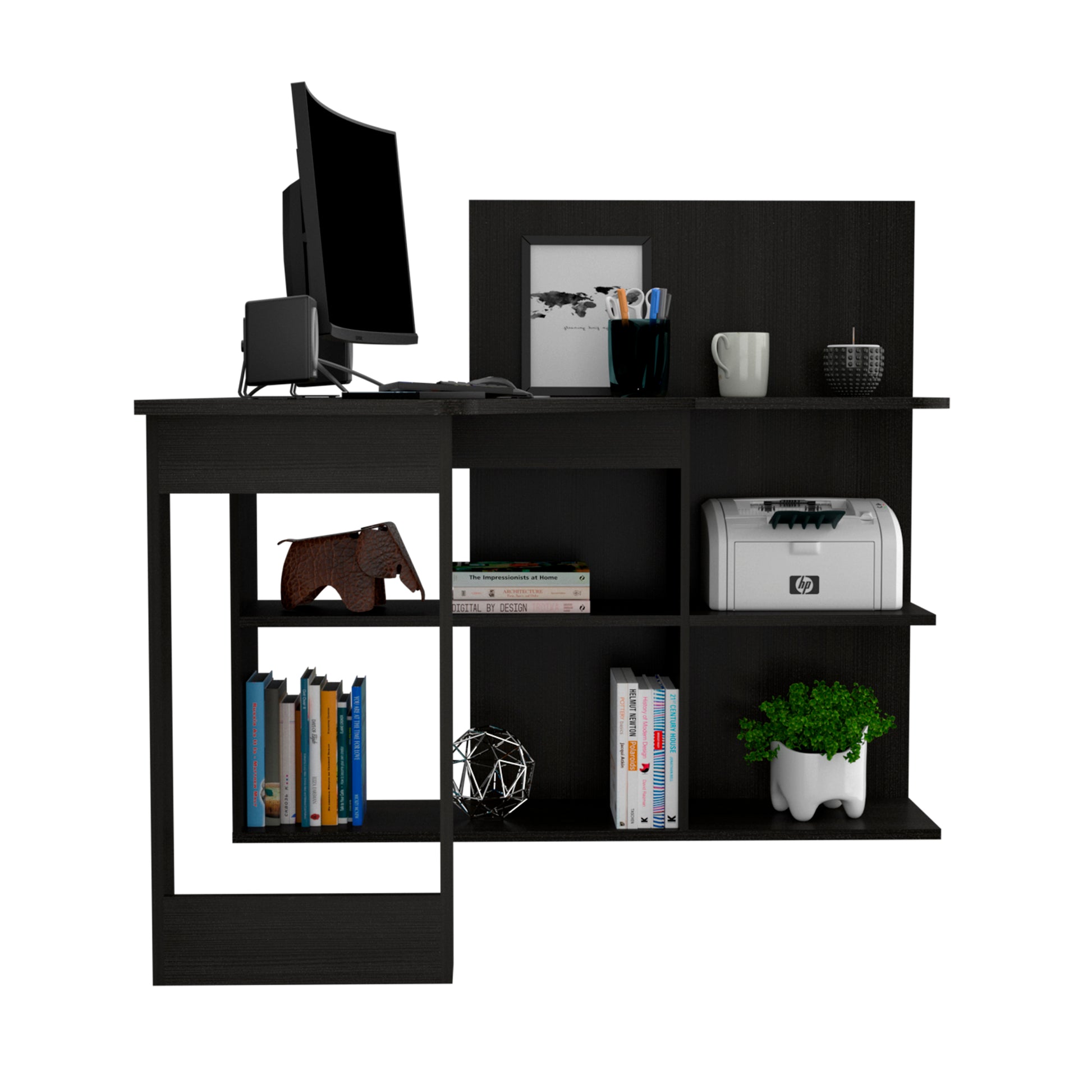 Masai Writing Computer Desk, Five Open Shelves Black Black Computer Desk Modern Freestanding Rectangular Open Storage Desk Rectangular Particle Board Particle Board