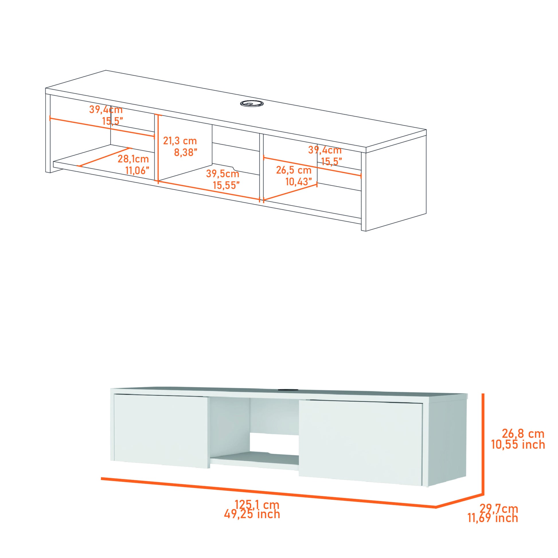 Tabor Floating Tv Stand, Wall Unit With 2 Doors And Open Shelf White Primary Living Space 40 49 Inches 40 49 Inches Modern Pine 50 Inches Particle Board Engineered Wood
