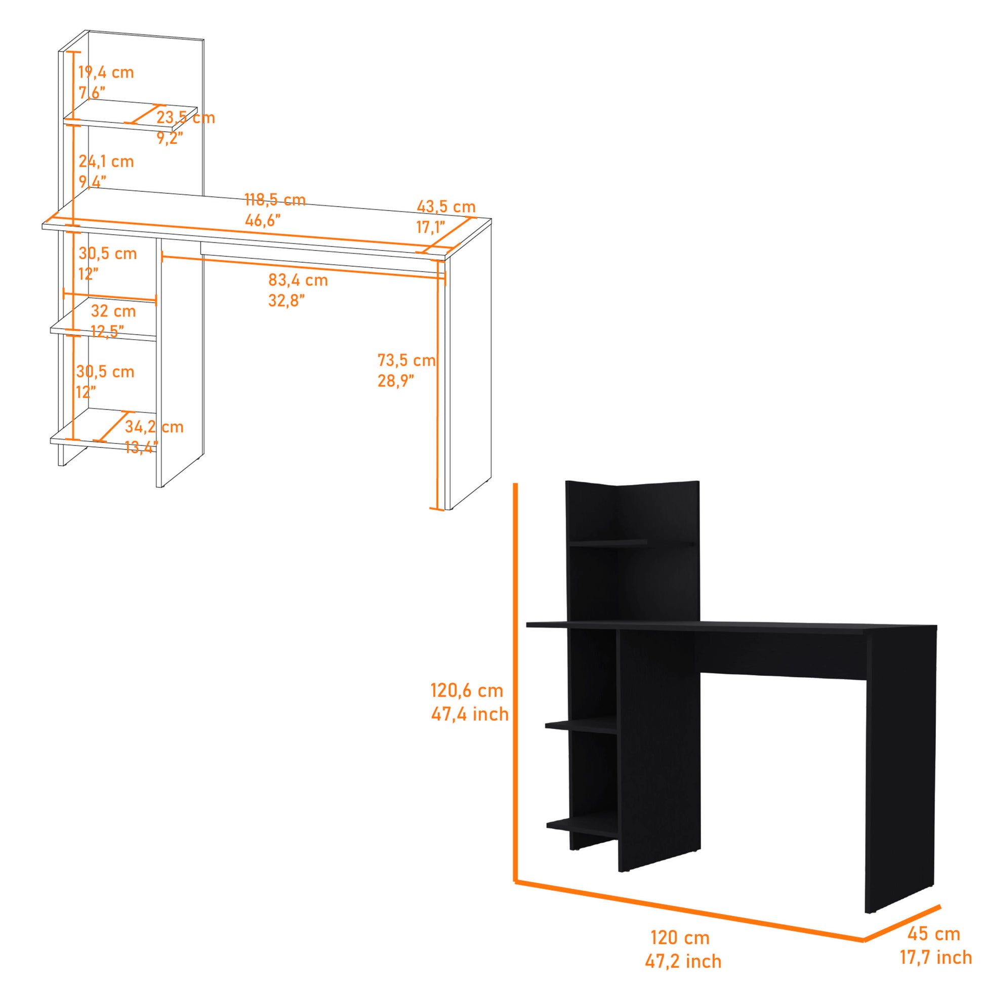 Tecoa Writing Desk, Four Shelves Black Particle Board Engineered Wood