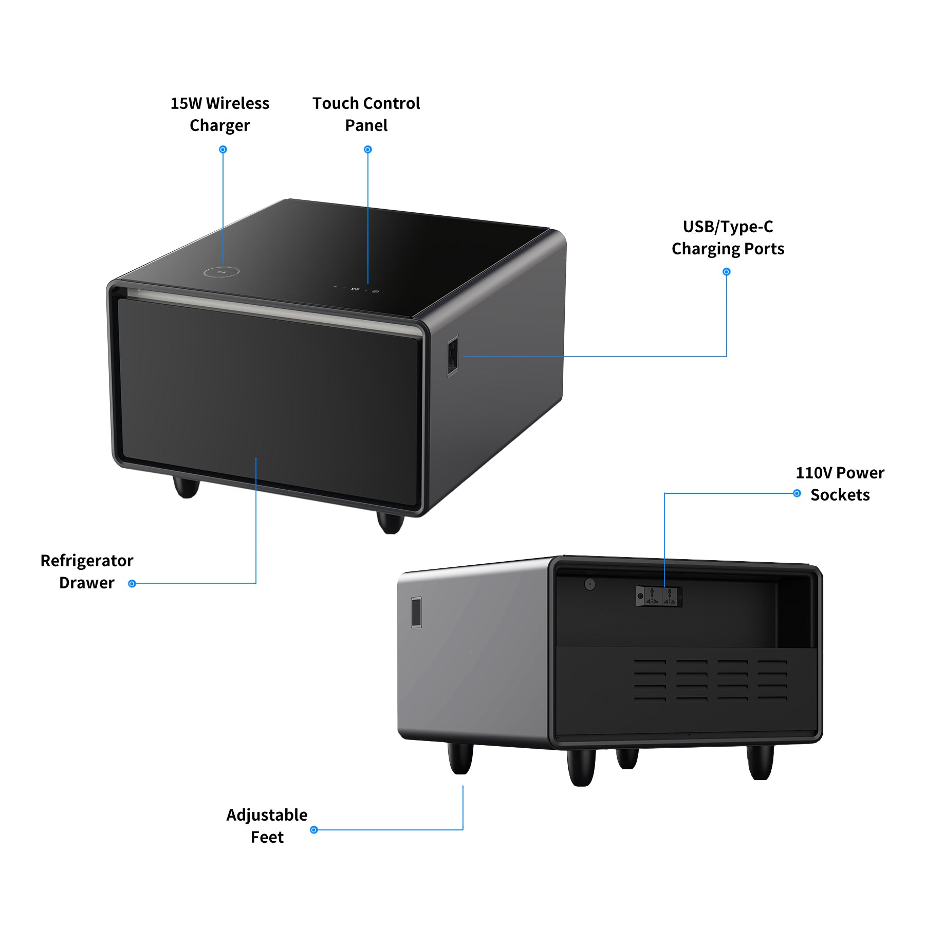 Modern Smart Side Table With Built In Fridge, Wireless Charging, Temperature Control, Power Socket, Usb Ports, Outlet Protection, Induction Light, Black Black Built In Outlets Or Usb Standing Desk Converter Primary Living Space Luxury,Modern Freestanding