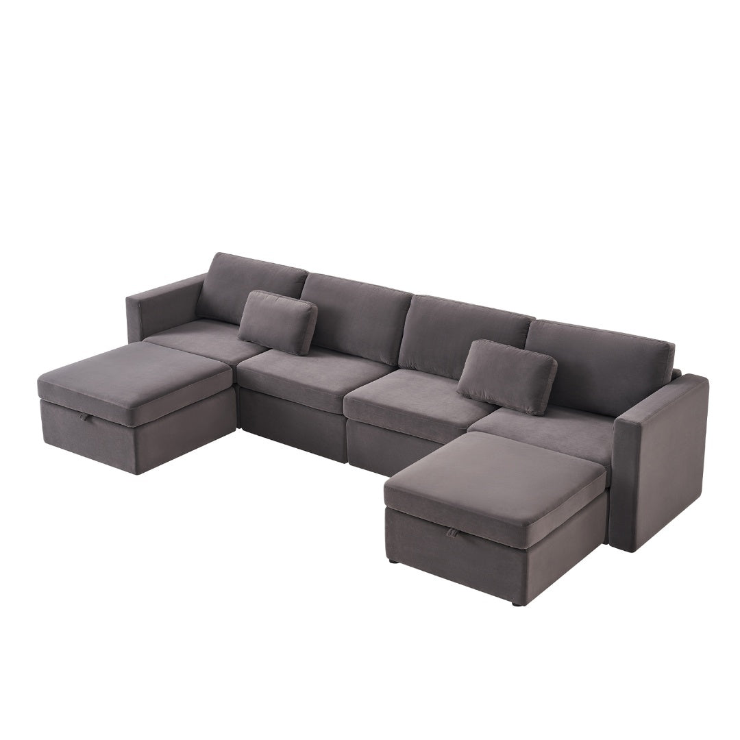 Modern Velvet Modular Sectional Sofa, U Shape Convertible Sofa Set With Pillows, Oversized Sectional Couches With Storage Ottomans For Living Room, Loft, Apartment, Office Dark Gray 6 Seats Gray Wood Primary Living Space Medium Duty Pine 6 Seat Dark Gray