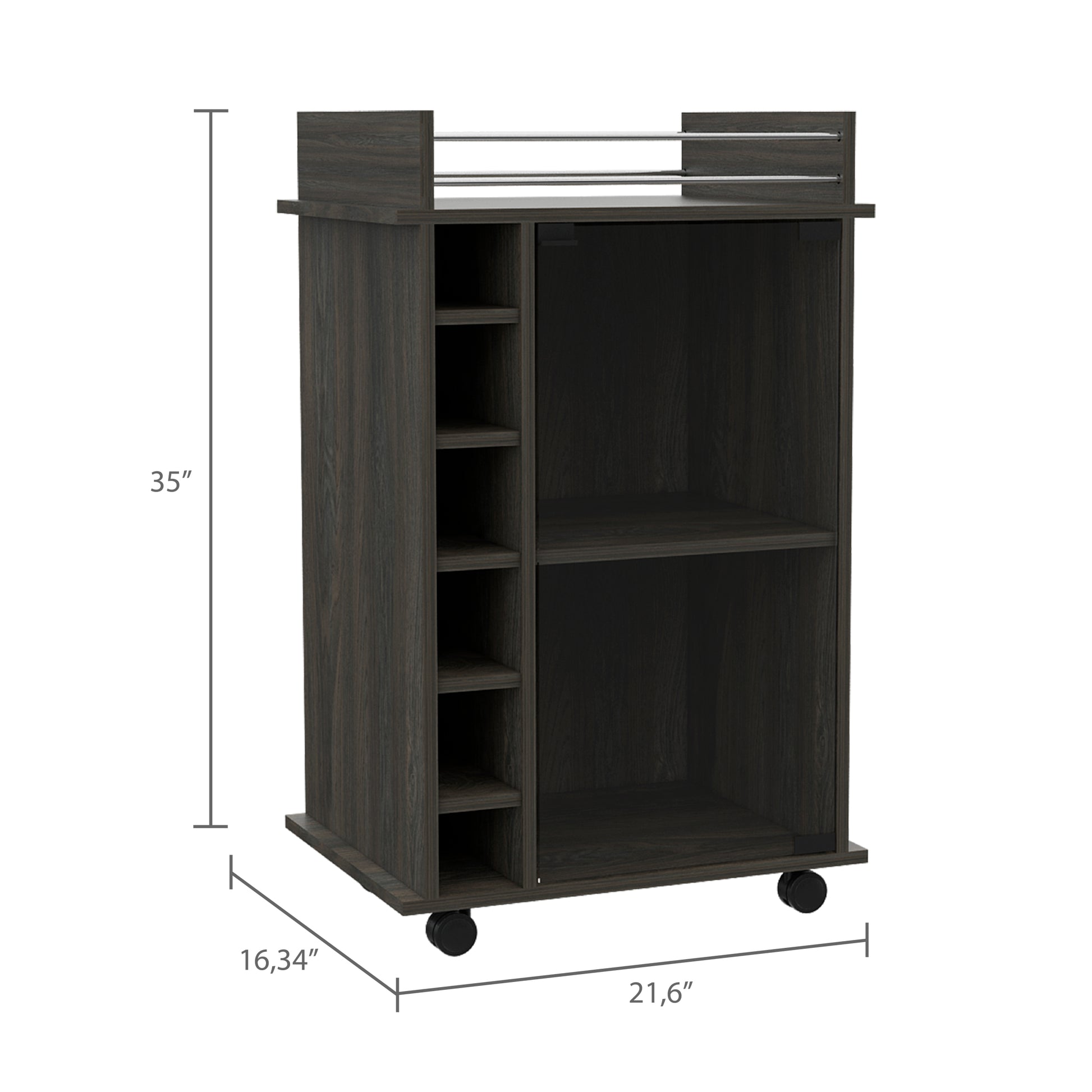 Vegas Bar Cart, Two Tier Cabinet With Glass Door, Six Cubbies For Liquor Mobile Carts 1 2 Spaces Gray Gray Primary Living Space Open Storage Space Modern Pine Particle Board Engineered Wood