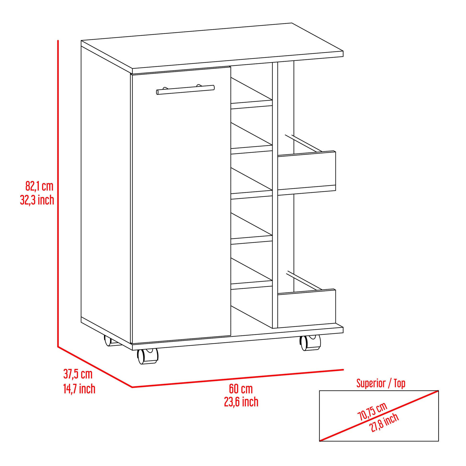 Tennessee Bar Cart, One Cabinet With Division, Six Cubbies For Liquor, Two Shelves Mobile Carts 5 Or More Spaces White White Primary Living Space Open Storage Space Modern Pine Particle Board Engineered Wood