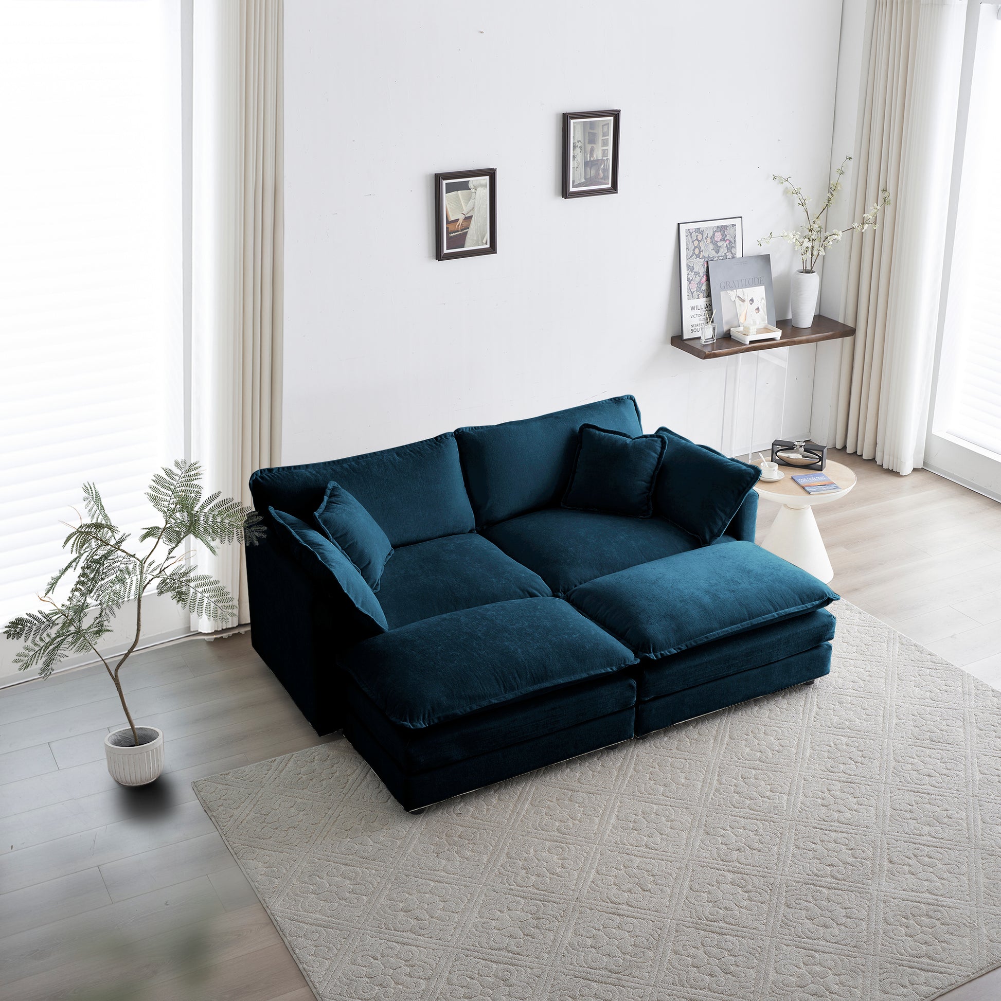 4 Piece Upholstered Sectional Sofa, 1 Piece Of 2 Seater Sofa And 2 Piece Of Ottomans2 Seater Loveseat Lounge With Ottomansblue Chenille Blue Chenille 2 Seat