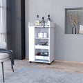 Lusk Bar Cart With 2 Bottle Holder Shelf, Glass Door And Casters White Industrial,Modern Particle Board Engineered Wood