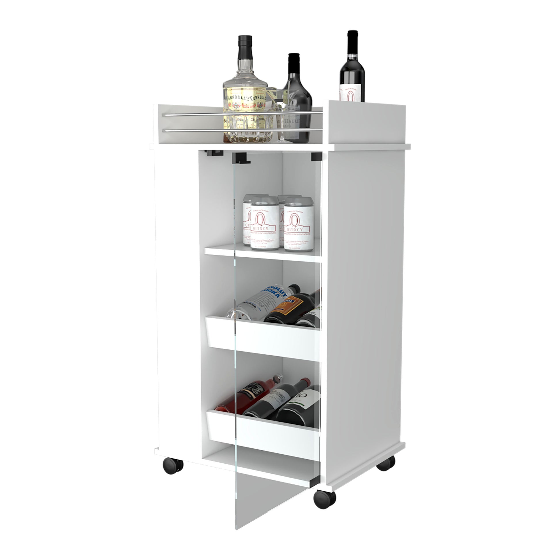 Lusk Bar Cart With 2 Bottle Holder Shelf, Glass Door And Casters Mobile Carts 3 4 Shelves White White Primary Living Space Open Storage Space Industrial,Modern Pine Particle Board Engineered Wood