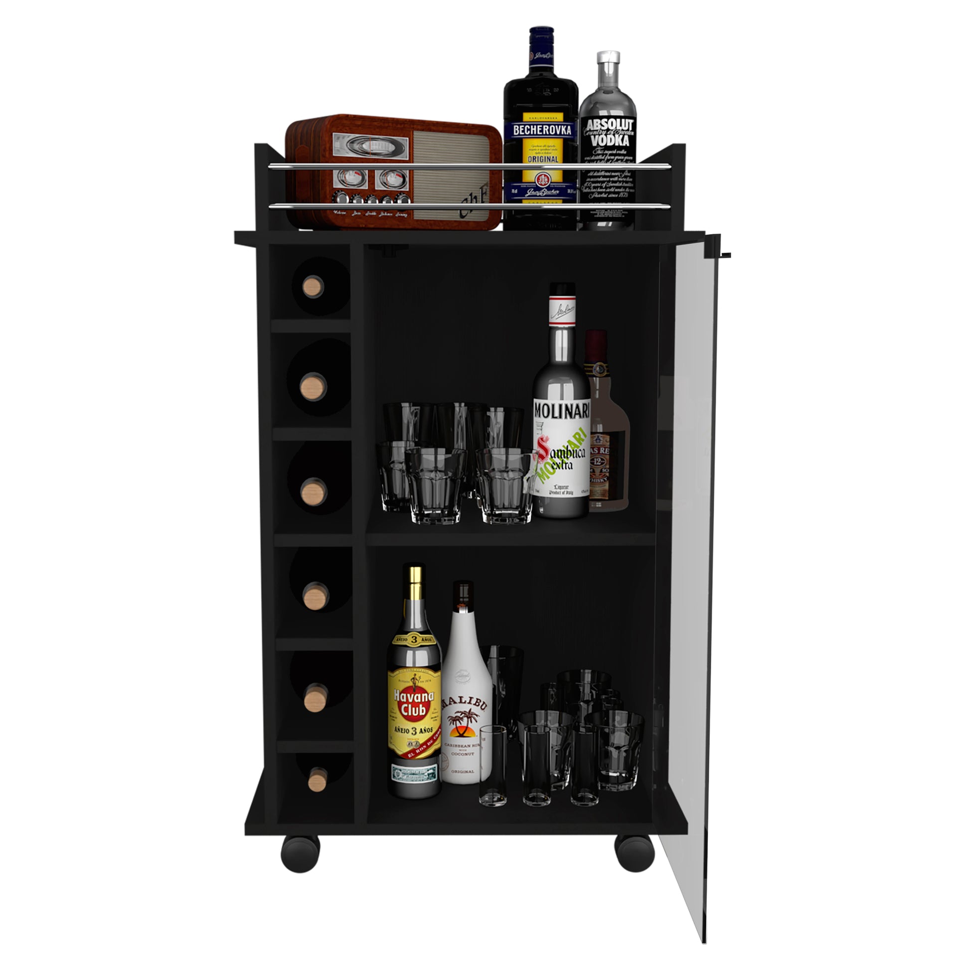 Vegas Bar Cart, Two Tier Cabinet With Glass Door, Six Cubbies For Liquor Black Particle Board Engineered Wood