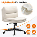 Office Chair Armless Desk Chair With Wheels, Pu Padded Wide Seat Home Office Chairs, 120 Rocking Mid Back Cute Computer Chair For Bedroom, Vanity, Makeup Wood Cream Cotton Office Chairs Handle Pu