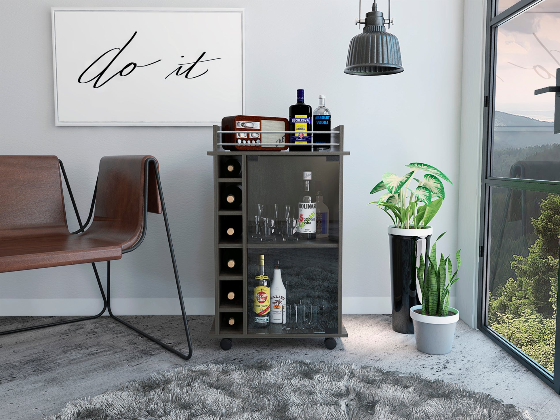 Vegas Bar Cart, Two Tier Cabinet With Glass Door, Six Cubbies For Liquor Mobile Carts 1 2 Spaces Gray Gray Primary Living Space Open Storage Space Modern Pine Particle Board Engineered Wood