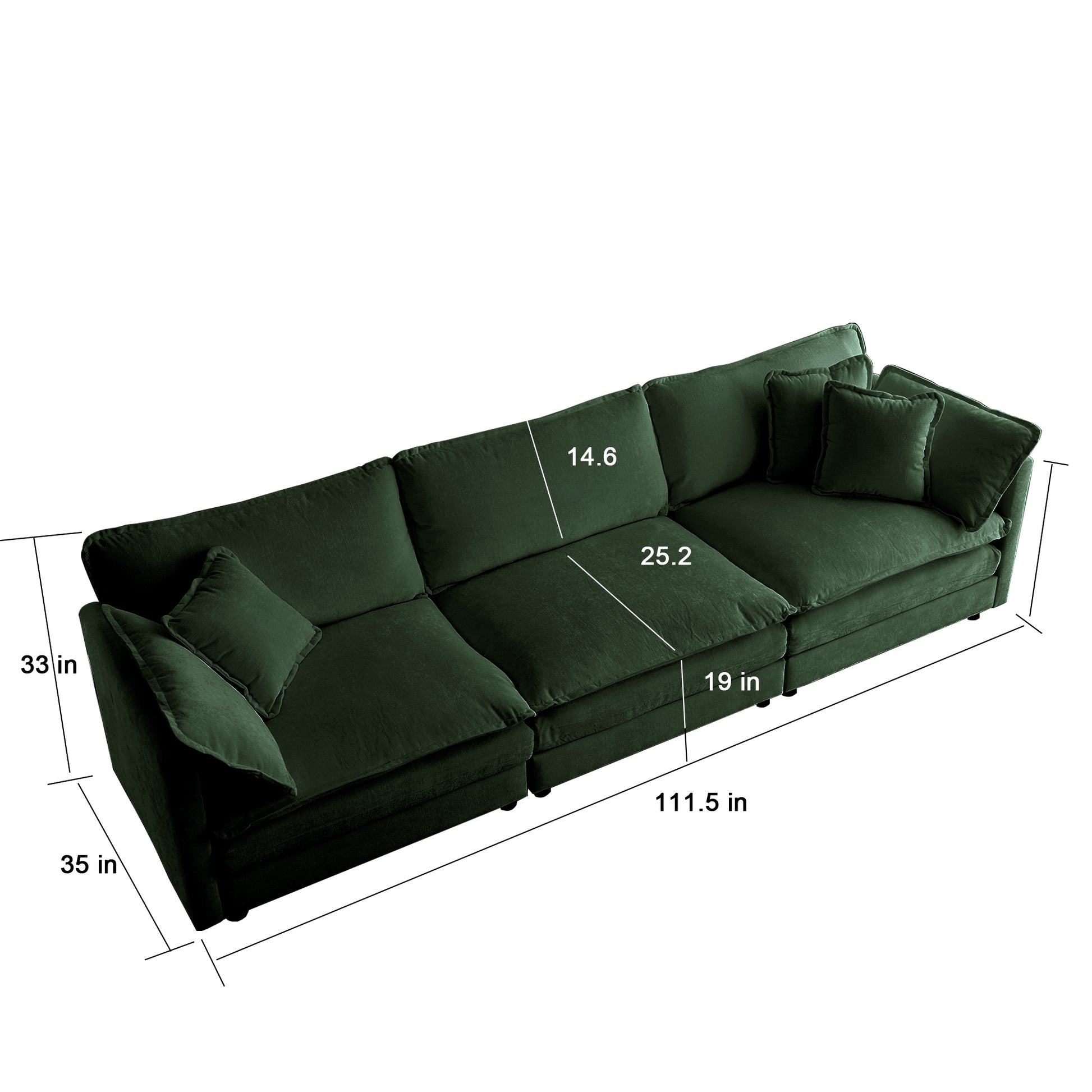 Comfortable Deep Seat Reversible Modular 6 Seater Sectional Super Soft Sofa U Shaped Sectional Couch With 3 Ottomans, 3 Toss Pillows And 2 Arm Pillows Green Chenille 3 Seat