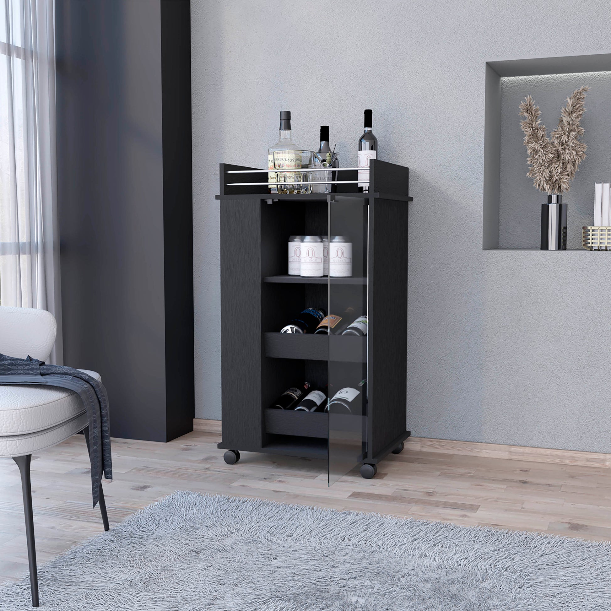 Lusk Bar Cart With 2 Bottle Holder Shelf, Glass Door And Casters Black Particle Board Engineered Wood