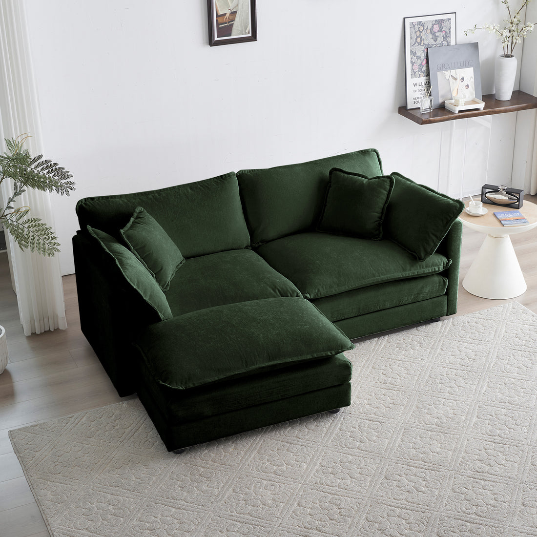 Chenille Two Seater Sofa With 1 Footrest, 2 Seater L Shaped Sectional With Ottoman,Loveseat With Ottoman For Small Living Space, Green Chenille Green Chenille 2 Seat