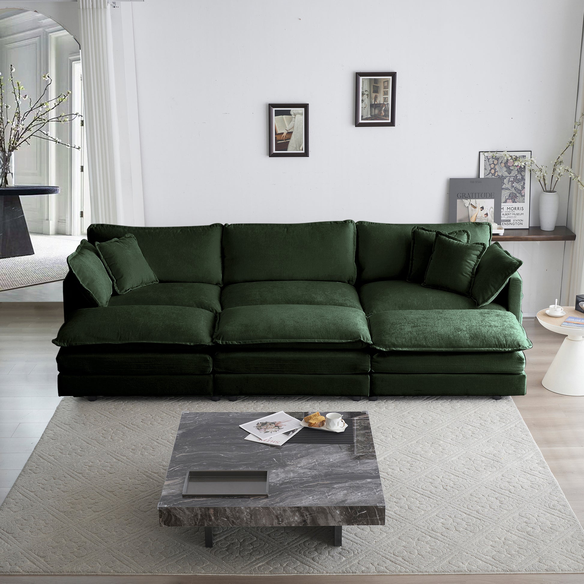 Comfortable Deep Seat Reversible Modular 6 Seater Sectional Super Soft Sofa U Shaped Sectional Couch With 3 Ottomans, 3 Toss Pillows And 2 Arm Pillows Green Chenille 3 Seat