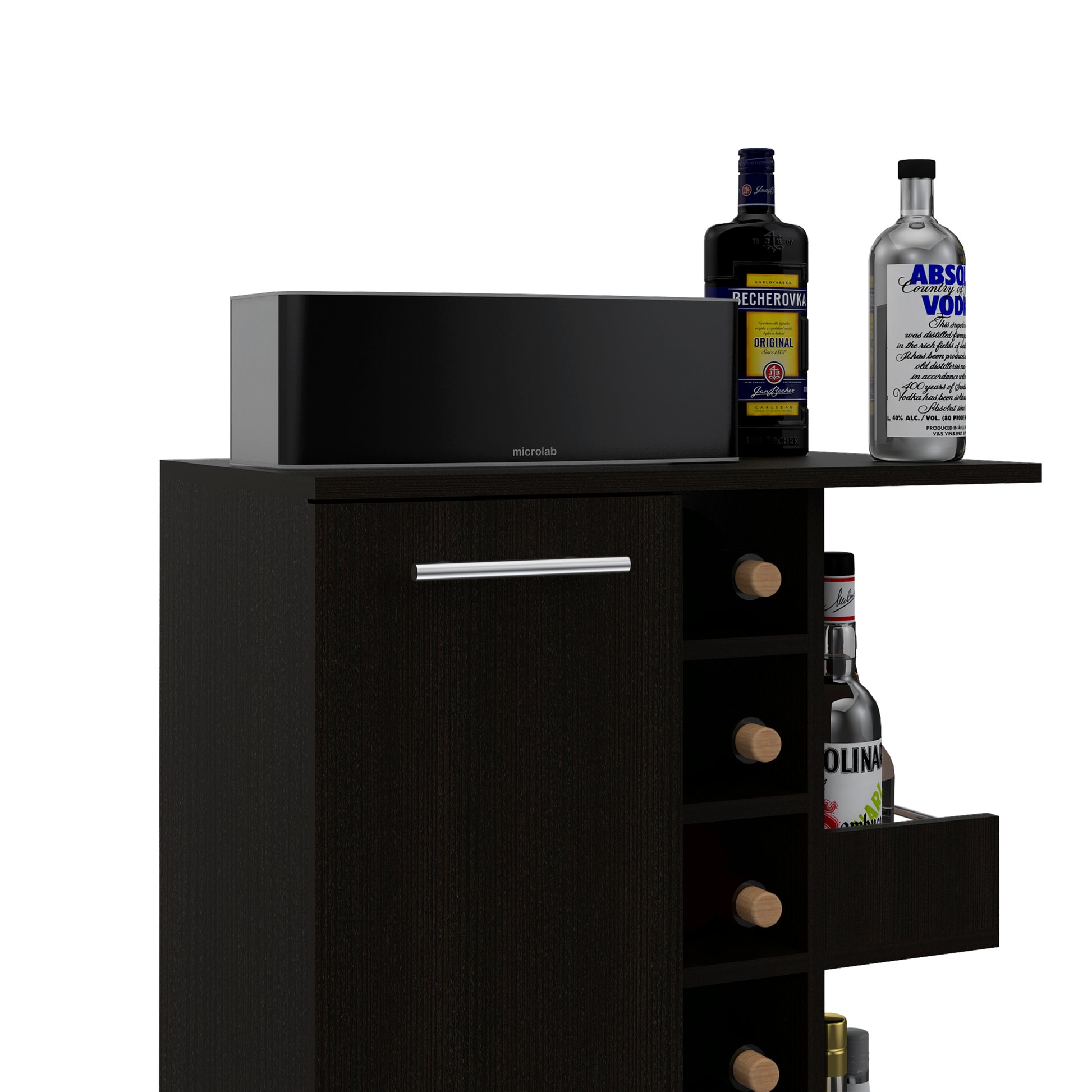 Tennessee Bar Cart, One Cabinet With Division, Six Cubbies For Liquor, Two Shelves Freestanding 5 Or More Spaces Black Primary Living Space Open Storage Space Modern Pine Particle Board Engineered Wood