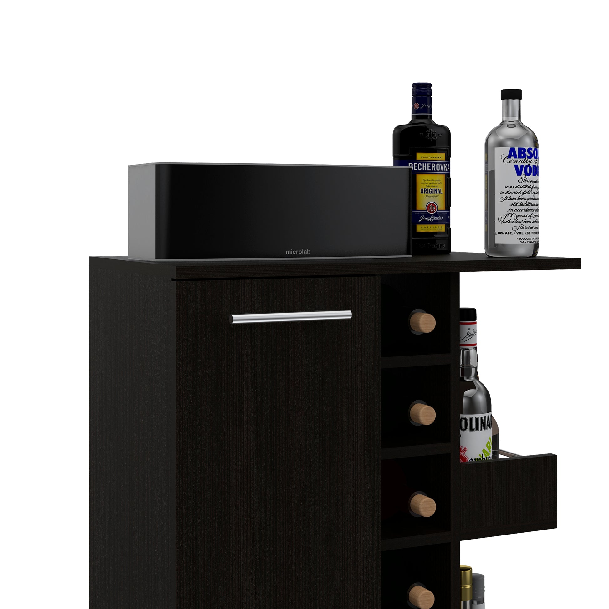 Tennessee Bar Cart, One Cabinet With Division, Six Cubbies For Liquor, Two Shelves Black Primary Living Space Modern Pine Particle Board Engineered Wood