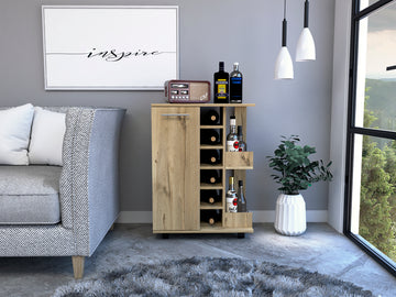 Tennessee Bar Cart, One Cabinet With Division, Six Cubbies For Liquor, Two Shelves Mobile Carts Light Oak Primary Living Space Open Storage Space Modern Pine Particle Board Engineered Wood