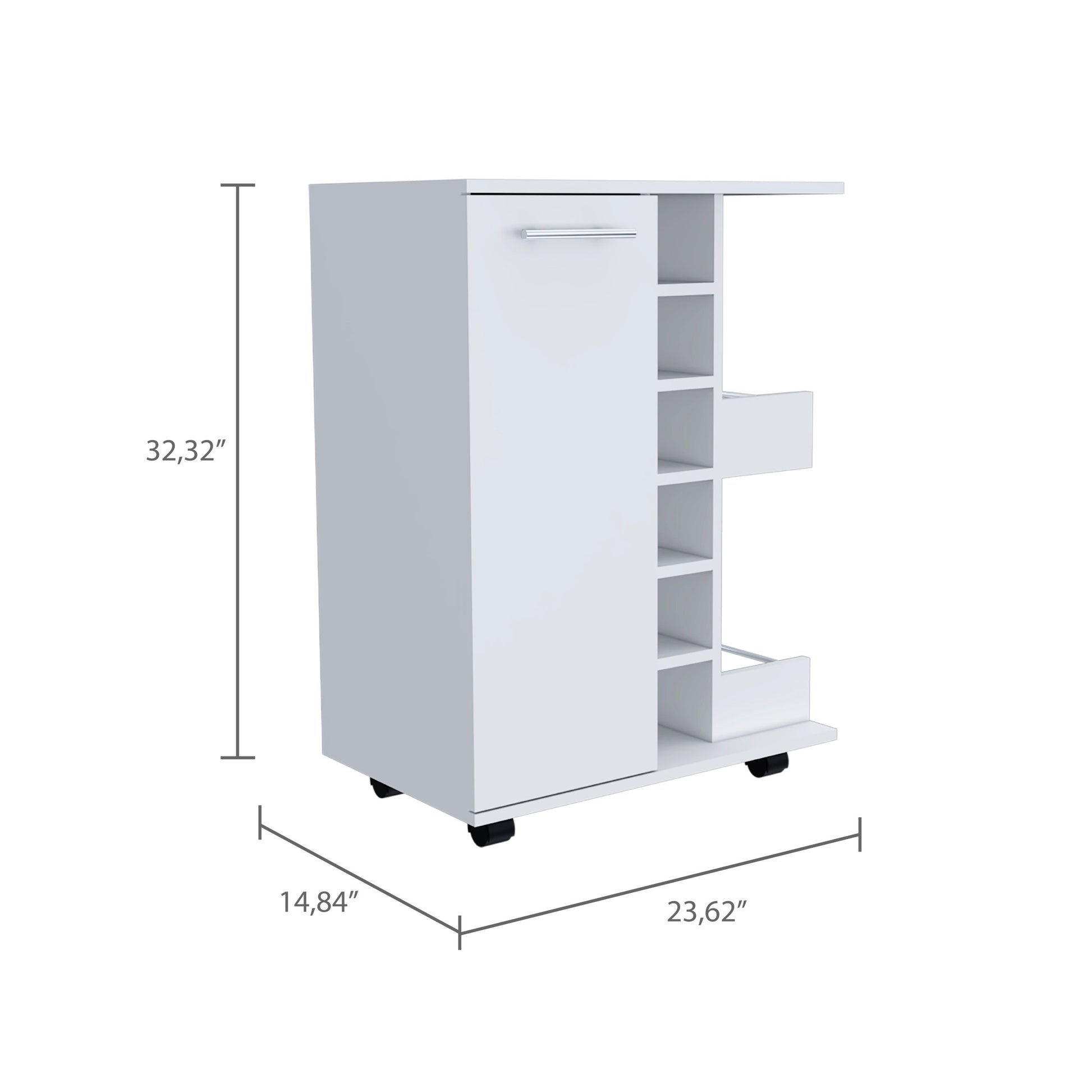 Tennessee Bar Cart, One Cabinet With Division, Six Cubbies For Liquor, Two Shelves Mobile Carts 5 Or More Spaces White White Primary Living Space Open Storage Space Modern Pine Particle Board Engineered Wood