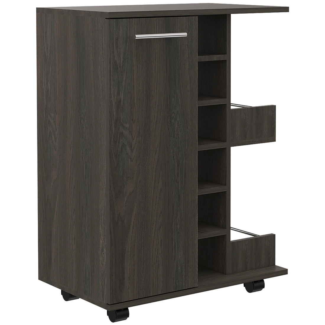 Tennessee Bar Cart, One Cabinet With Division, Six Cubbies For Liquor, Two Shelves Mobile Carts 5 Or More Spaces Gray Gray Primary Living Space Wood Shelves Modern Pine Particle Board Engineered Wood