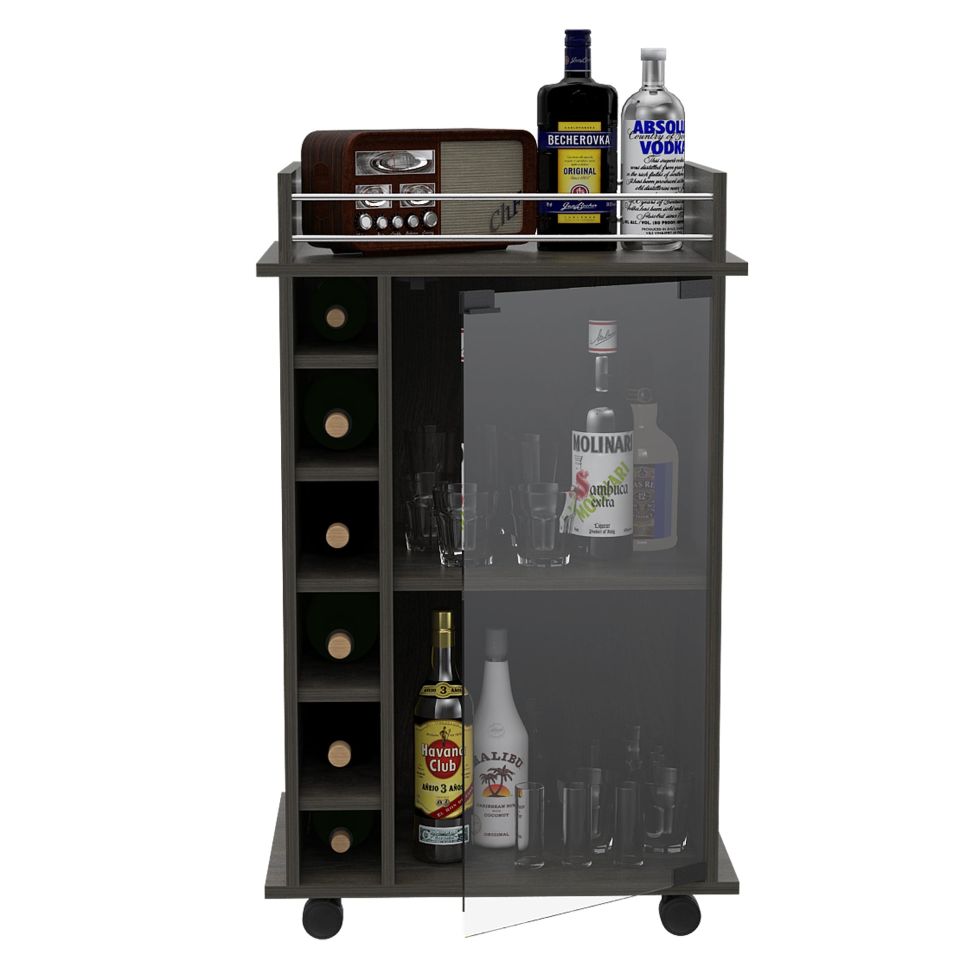 Vegas Bar Cart, Two Tier Cabinet With Glass Door, Six Cubbies For Liquor Mobile Carts 1 2 Spaces Gray Gray Primary Living Space Open Storage Space Modern Pine Particle Board Engineered Wood