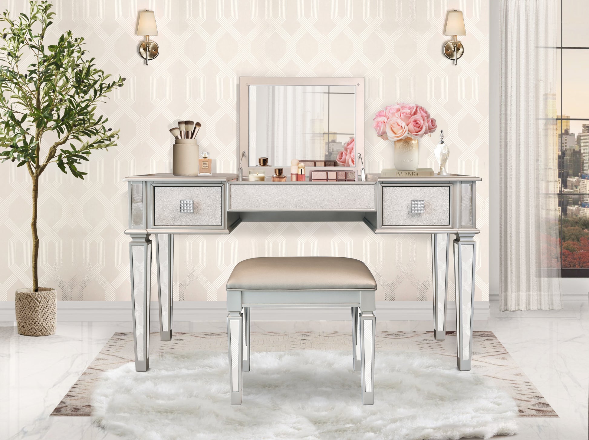 Mirrored Vanities Desk With Drawers, Bedroom Makeup Vanity Table Set With Mirror And Stool, Flip Up Dressing Table For Bedroom Makeup Room, Working Desk For Women, Girl Furniture Combo Hinged Silver White Drawer 2 Drawers Bedroom Felt Lined Drawers