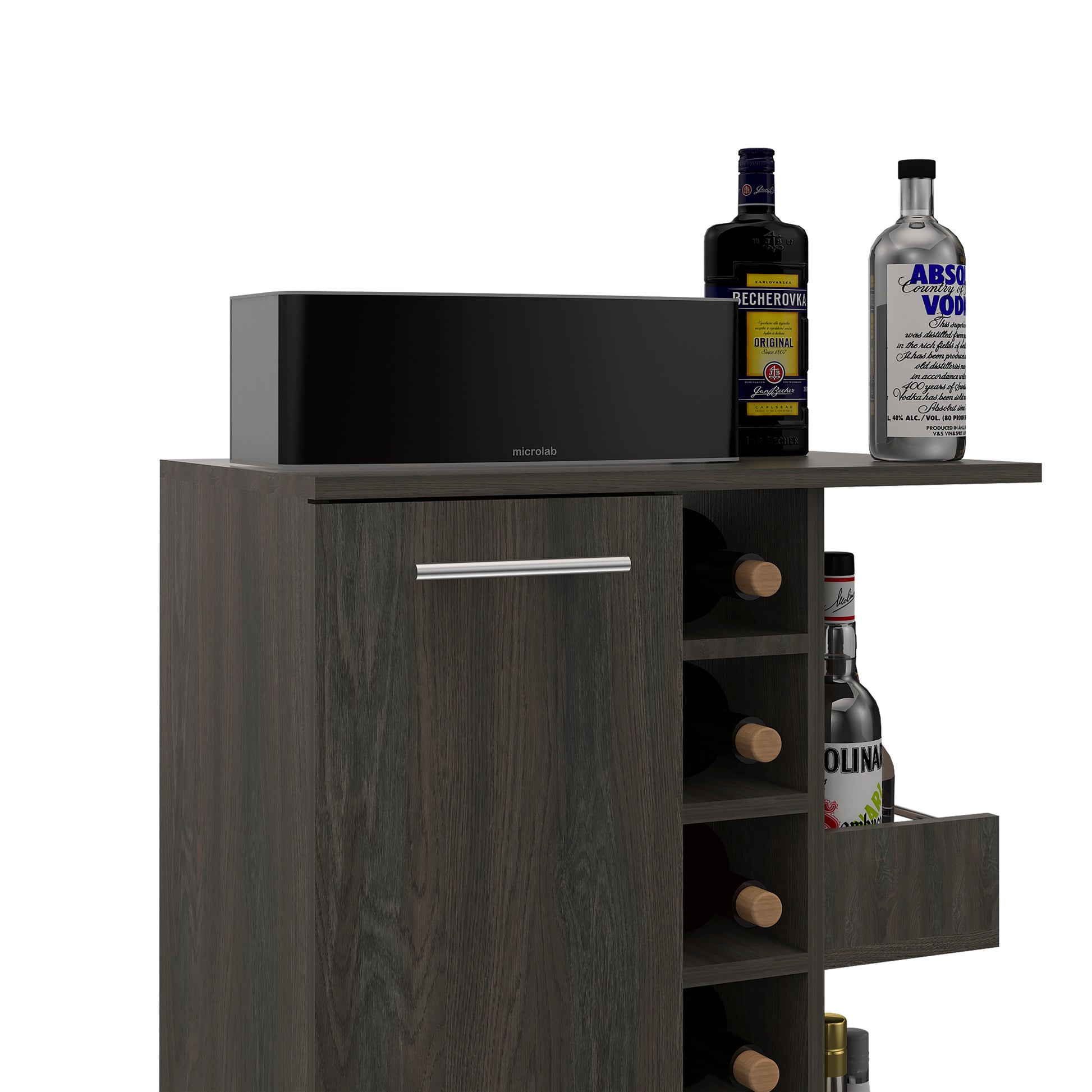 Tennessee Bar Cart, One Cabinet With Division, Six Cubbies For Liquor, Two Shelves Mobile Carts 5 Or More Spaces Gray Gray Primary Living Space Wood Shelves Modern Pine Particle Board Engineered Wood