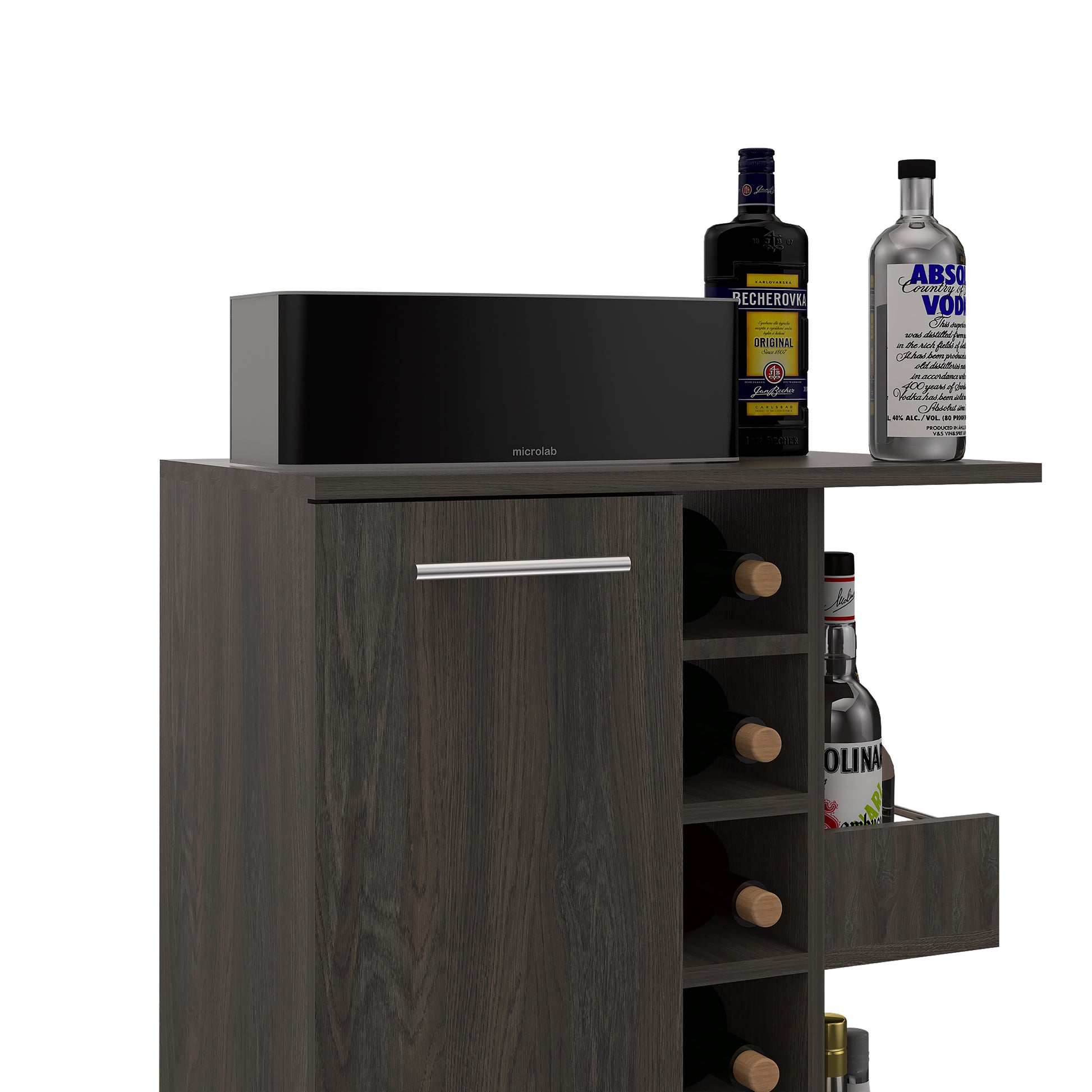 Tennessee Bar Cart, One Cabinet With Division, Six Cubbies For Liquor, Two Shelves Gray Gray Primary Living Space Modern Rectangular Stationary Kitchen Islands Pine Particle Board Engineered Wood Medium 40 55In