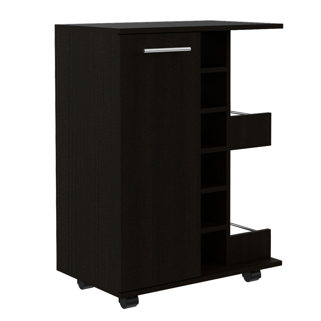 Tennessee Bar Cart, One Cabinet With Division, Six Cubbies For Liquor, Two Shelves Freestanding 5 Or More Spaces Black Primary Living Space Open Storage Space Modern Pine Particle Board Engineered Wood