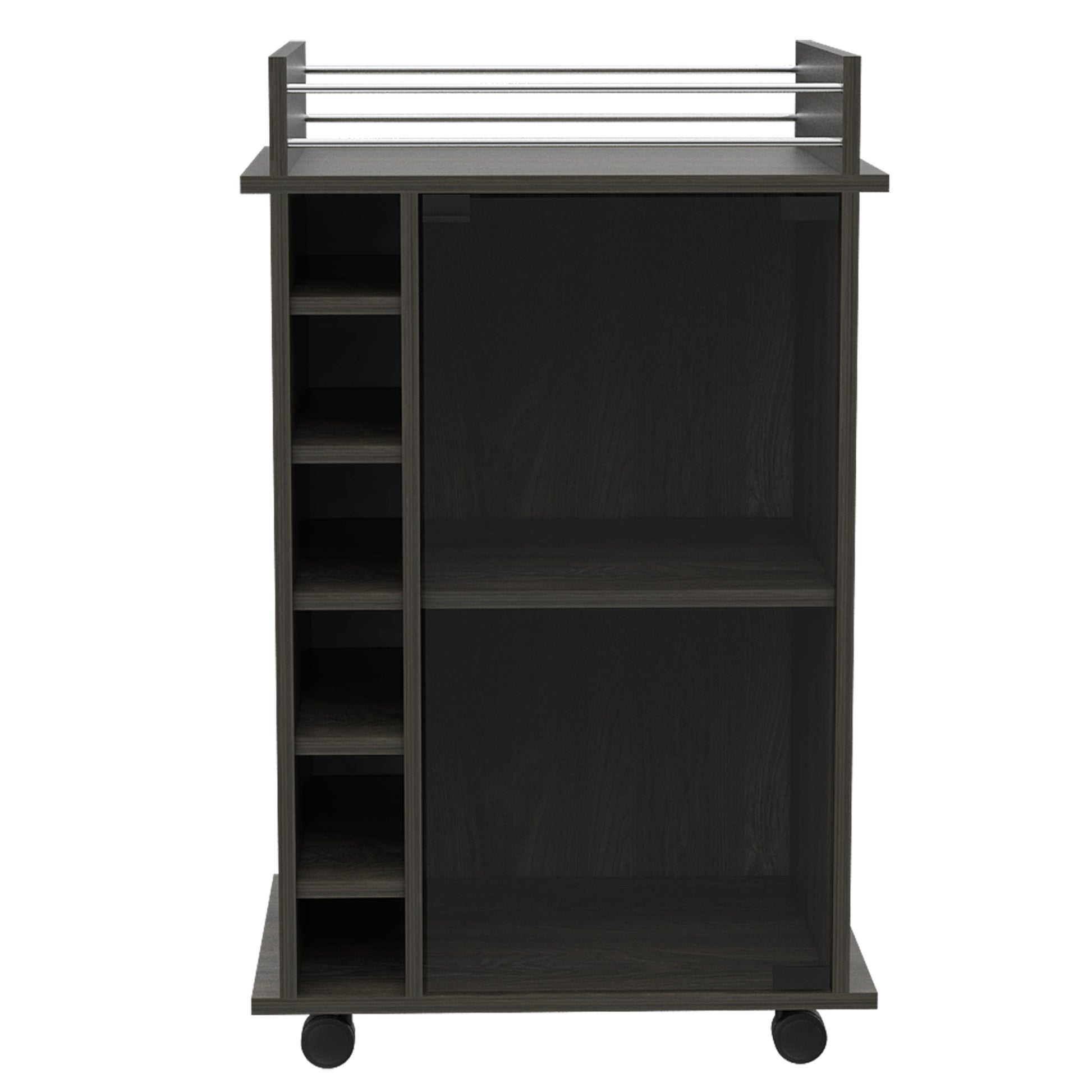 Vegas Bar Cart, Two Tier Cabinet With Glass Door, Six Cubbies For Liquor Mobile Carts 1 2 Spaces Gray Gray Primary Living Space Open Storage Space Modern Pine Particle Board Engineered Wood