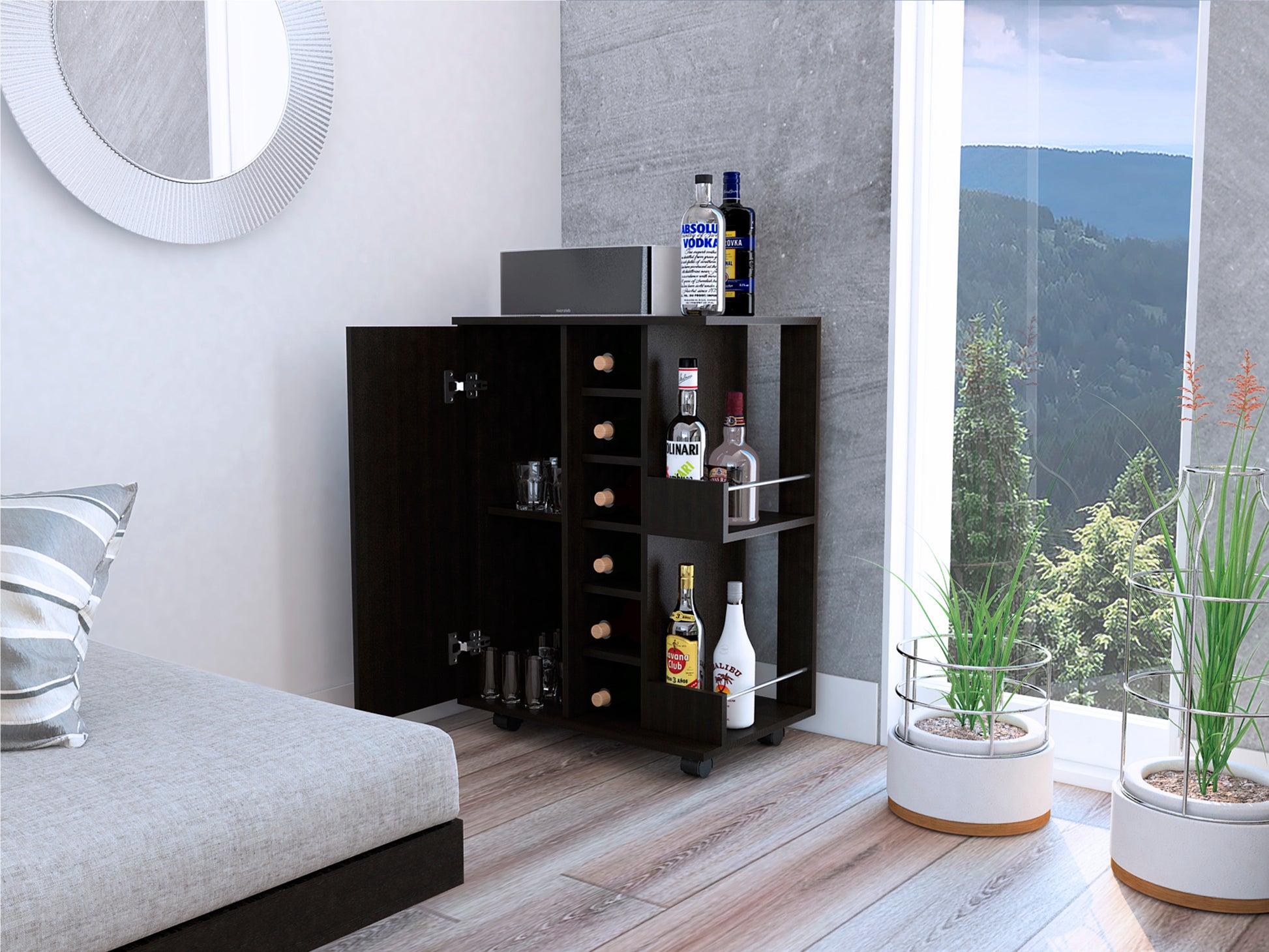 Tennessee Bar Cart, One Cabinet With Division, Six Cubbies For Liquor, Two Shelves Freestanding 5 Or More Spaces Black Primary Living Space Open Storage Space Modern Pine Particle Board Engineered Wood