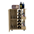 Bar Cart, Two External Shelves, Four Casters, Six Built In Wine Rack, Single Door Cabinet Light Oak Beige Particle Board Particle Board
