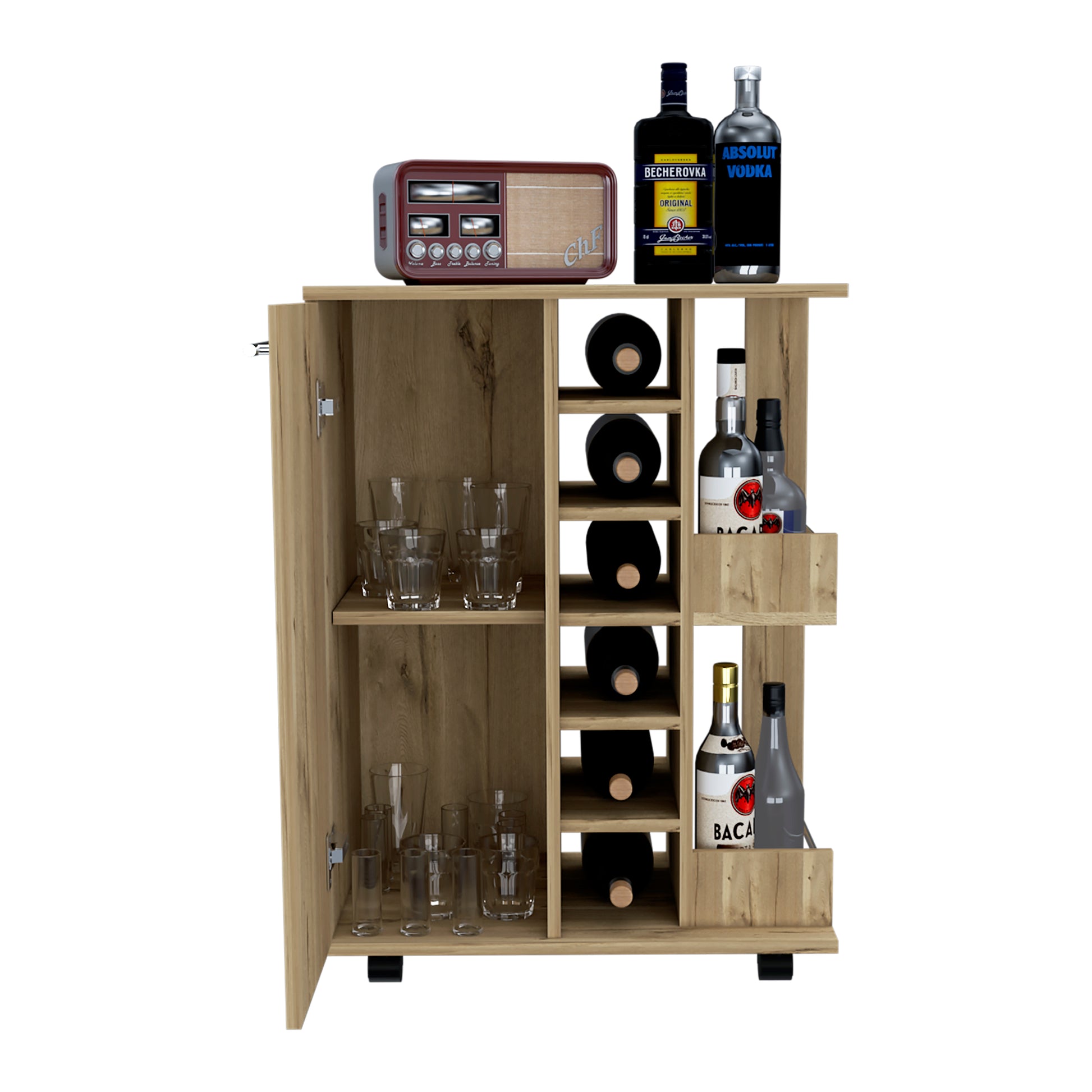 Bar Cart, Two External Shelves, Four Casters, Six Built In Wine Rack, Single Door Cabinet Light Oak Beige Particle Board Particle Board