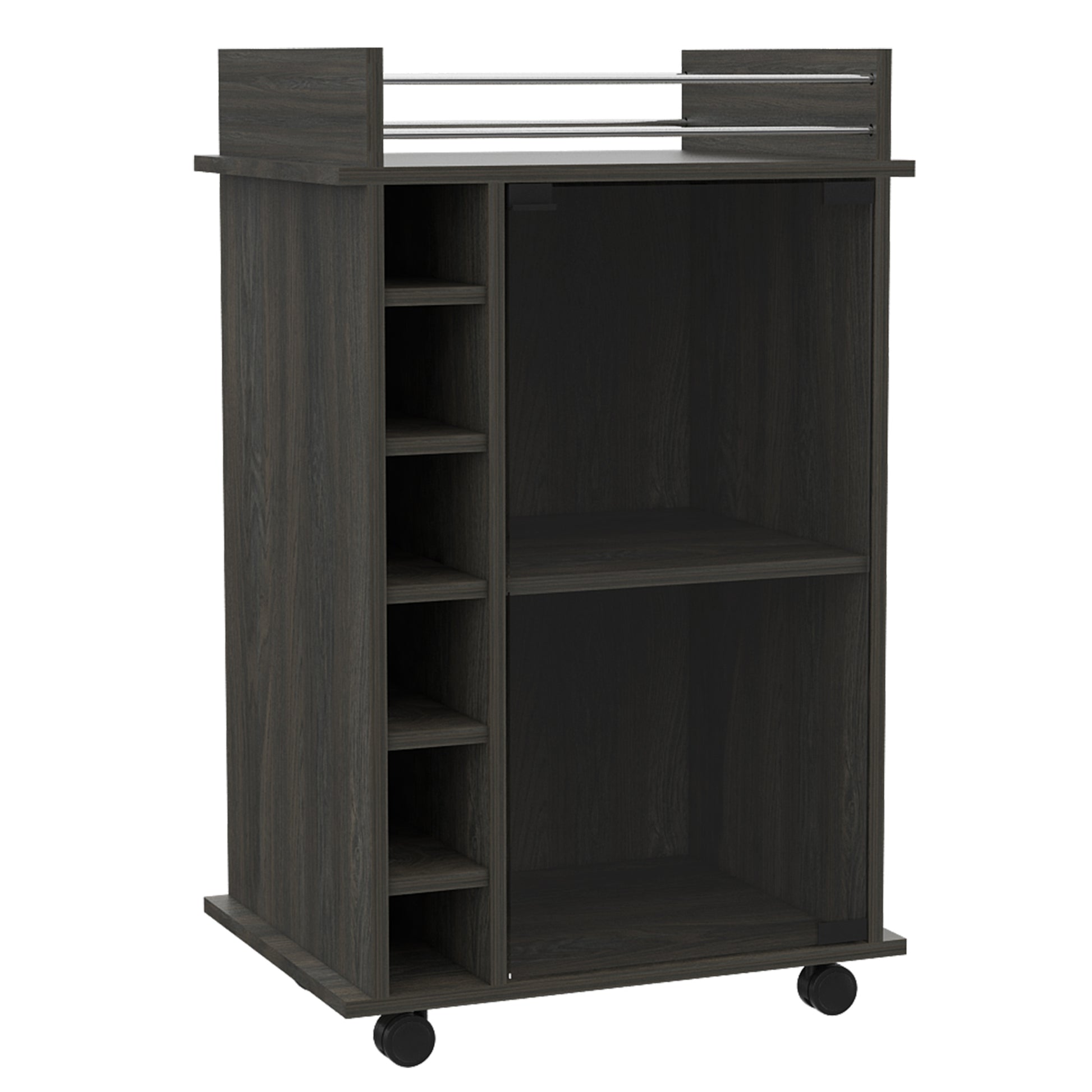 Vegas Bar Cart, Two Tier Cabinet With Glass Door, Six Cubbies For Liquor Mobile Carts 1 2 Spaces Gray Gray Primary Living Space Open Storage Space Modern Pine Particle Board Engineered Wood