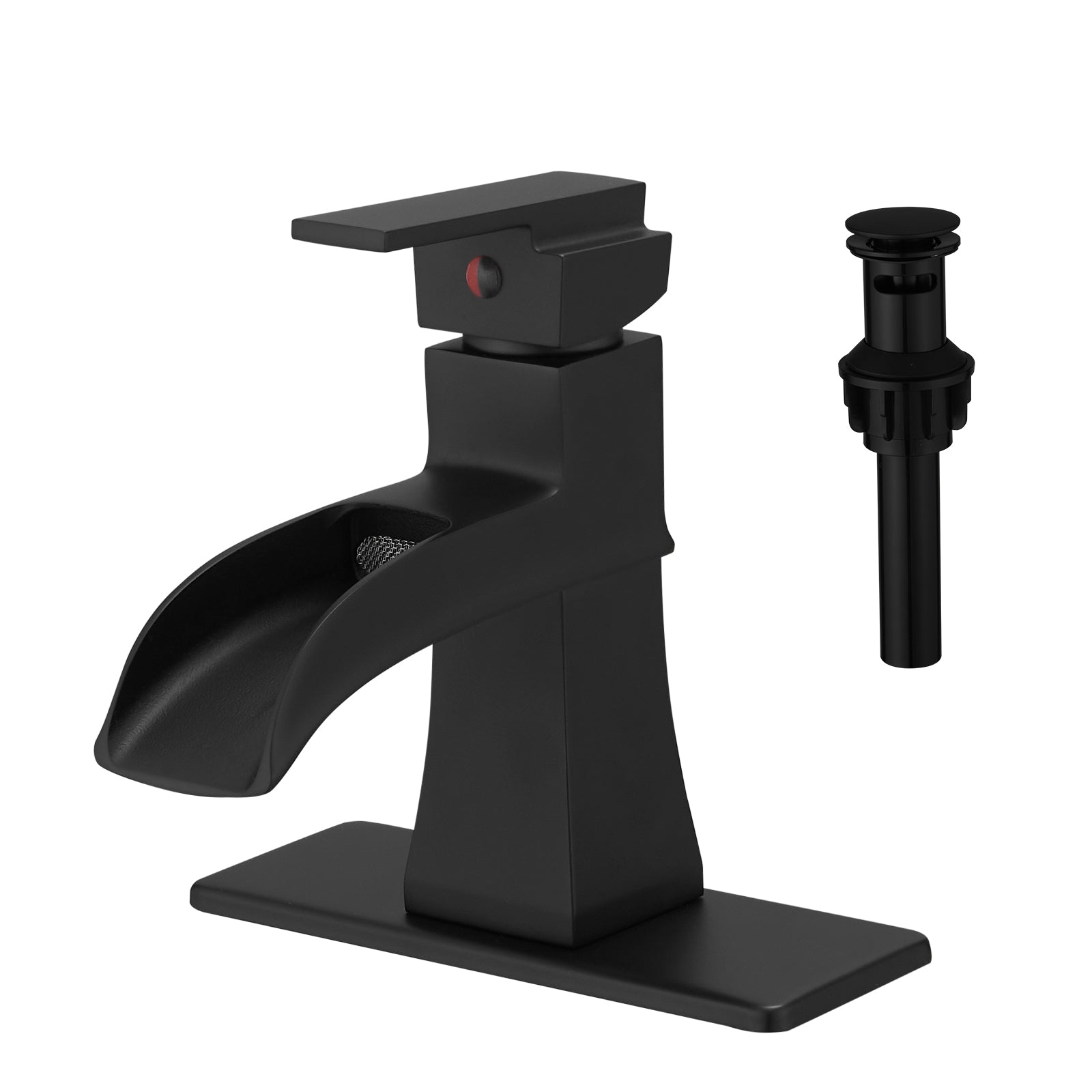 Sink Faucet With Deck Plate Waterfall Black With Pop Up Drain And Supply Lines Bathroom Faucets For Sink 1 Hole One Handle Faucets Vanity Bath Mixer Tap Bathroom Joystick Geometric One Black Side Sprayer Deck Mounted Cartridge Valve Single Hole Faucets