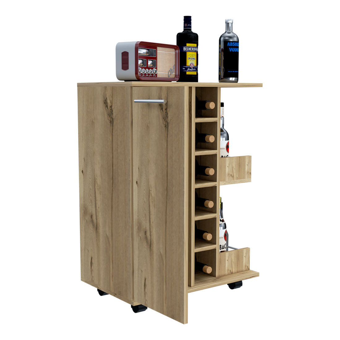 Bar Cart, Two External Shelves, Four Casters, Six Built In Wine Rack, Single Door Cabinet Light Oak Beige Particle Board Particle Board